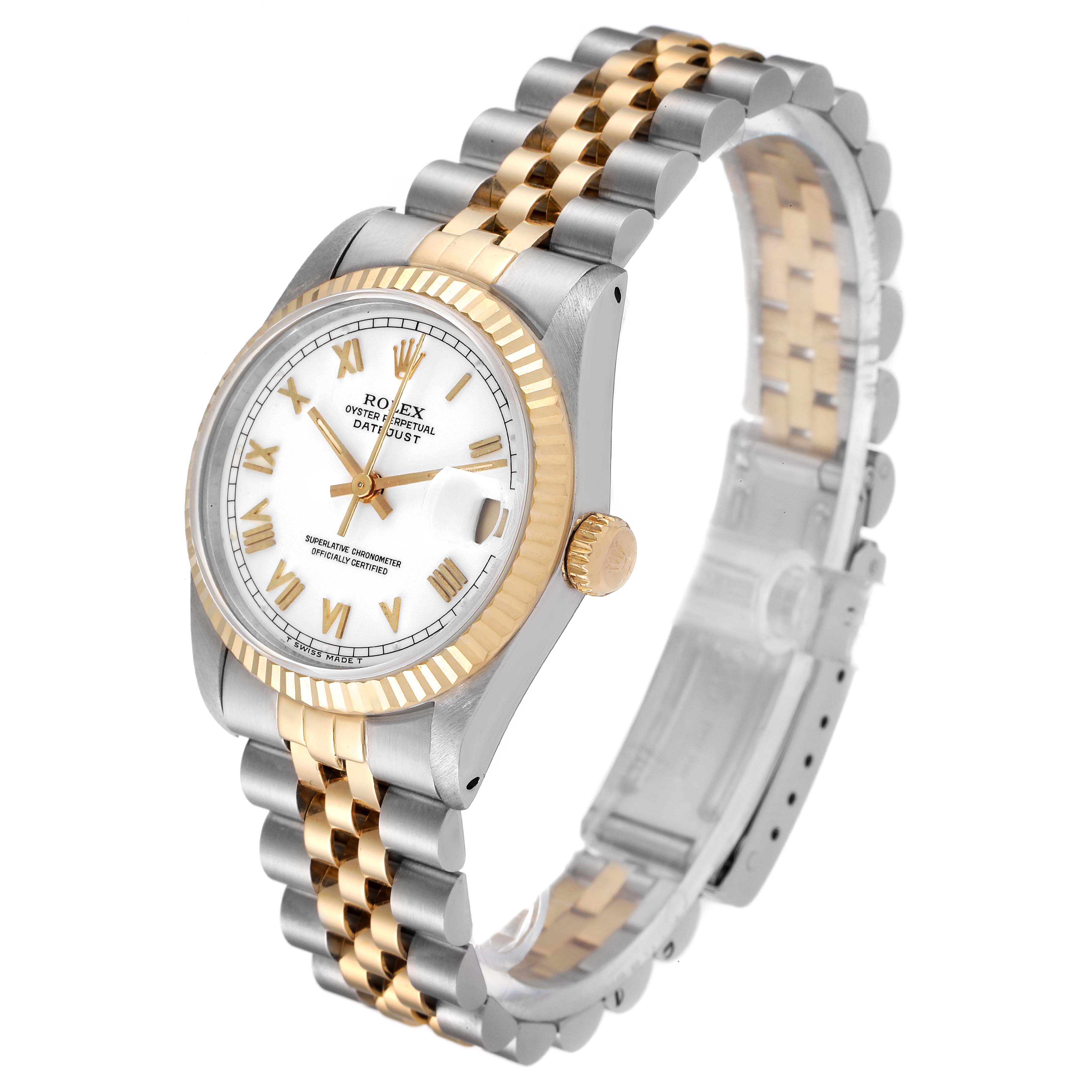 The Rolex Mid-Size 68273 Women
s Steel and Gold (two tone) White Dial 68273 Women
s Steel and Gold (two tone) White Dial watch is shown at a slight angle, highlighting its two-tone bracelet, dial, bezel, and crown.