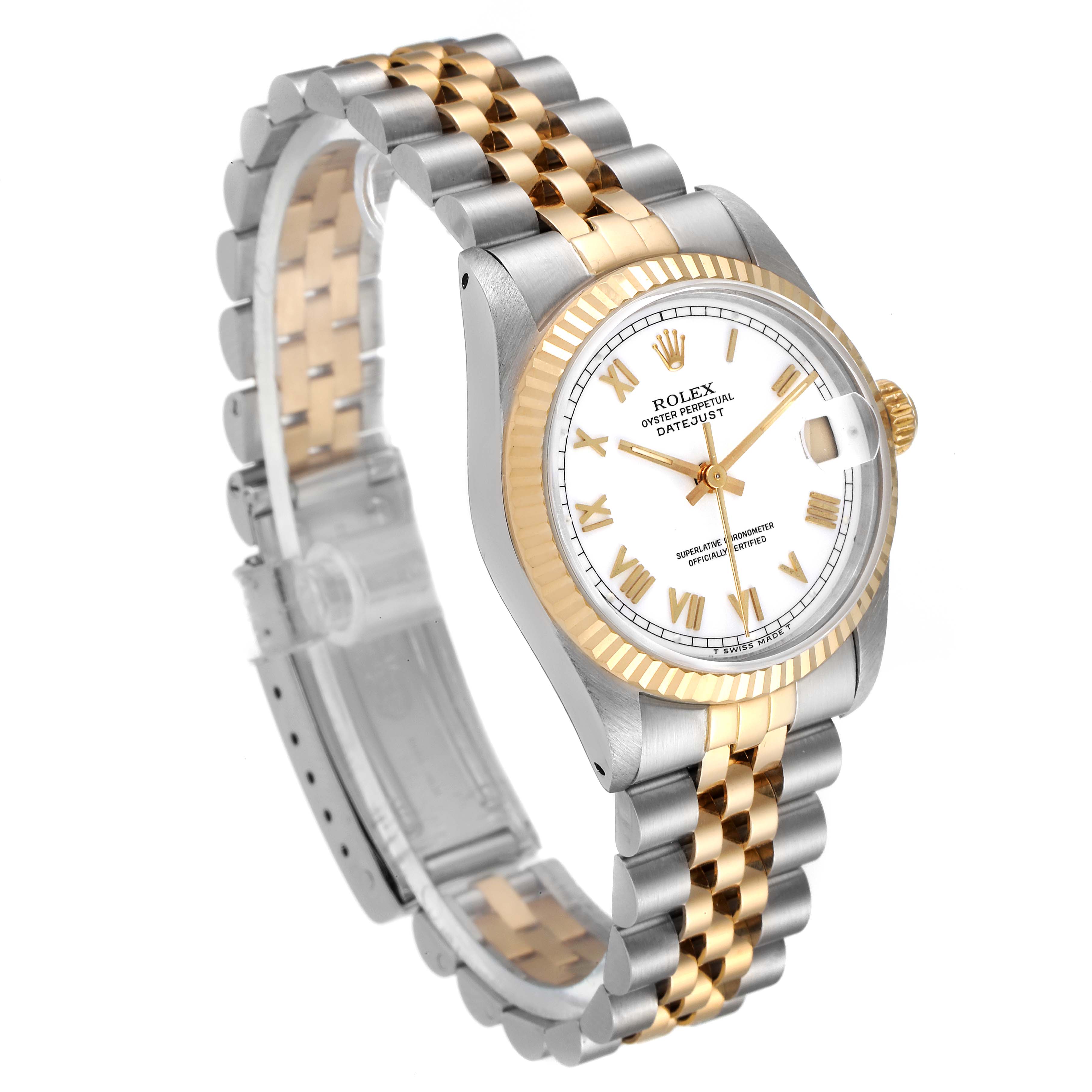 The image shows a front-angle view of a Rolex Mid-Size 68273 Women
s Steel and Gold (two tone) White Dial 68273 Women
s Steel and Gold (two tone) White Dial Datejust watch, displaying the face, bezel, and two-tone bracelet.