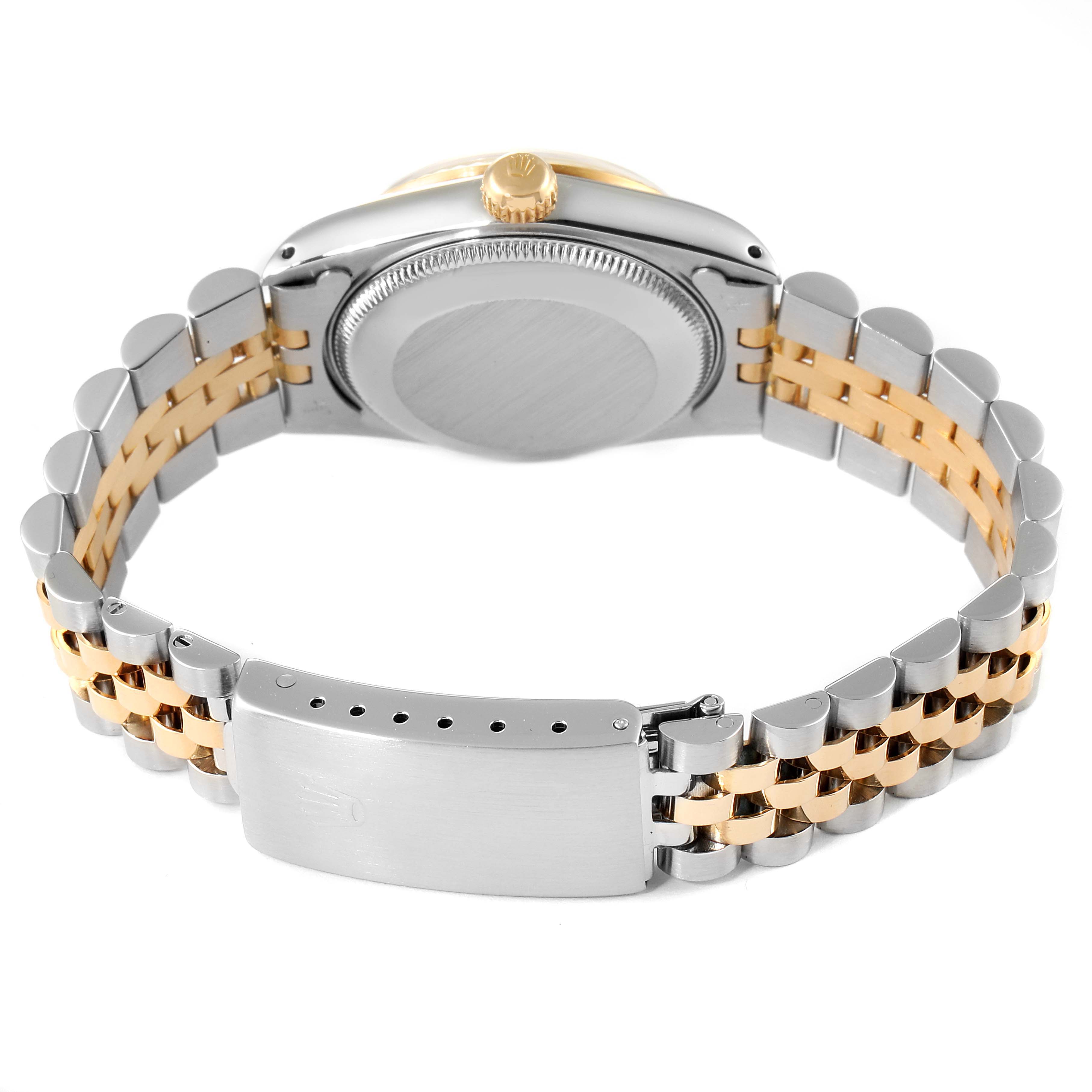 This image shows the back view of the Mid-Size Rolex watch, highlighting the case back, crown, and metal bracelet with a clasp.