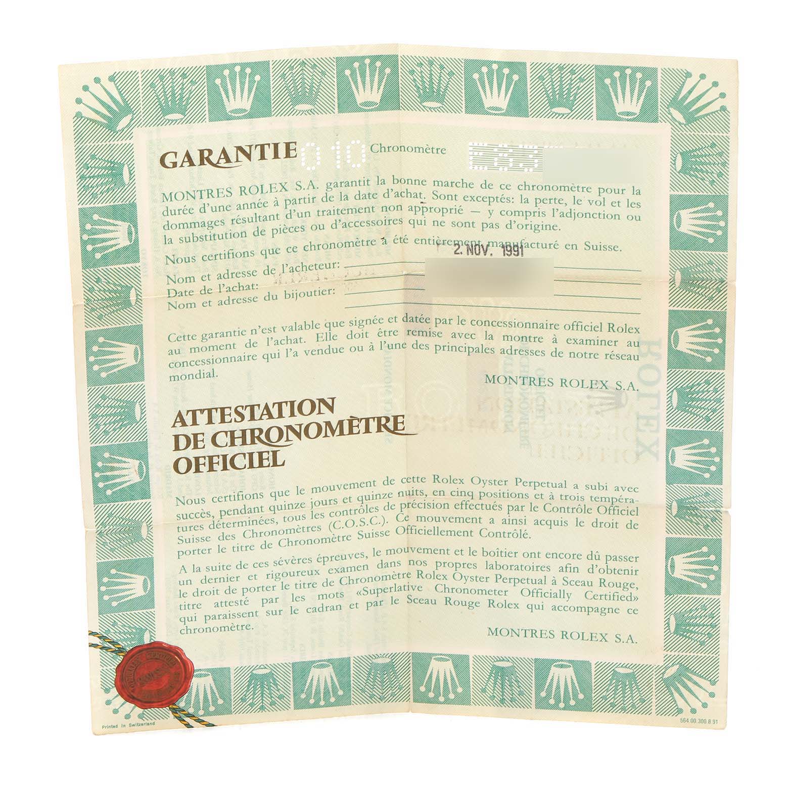 The image shows the warranty and official chronometer certification document for a Rolex Mid-Size 68273 Women
s Steel and Gold (two tone) White Dial 68273 Women
s Steel and Gold (two tone) White Dial model watch.