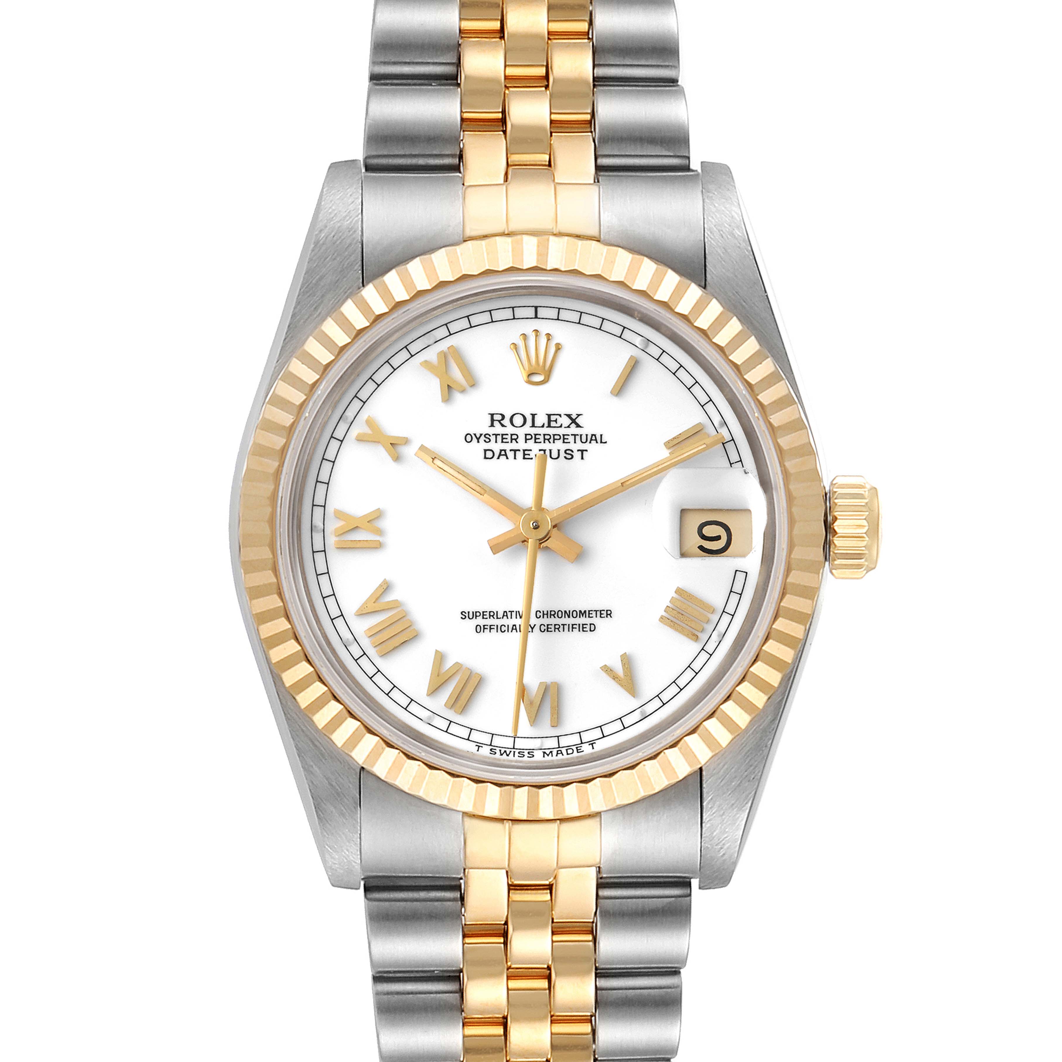 The image shows a front view of a Mid-Size Rolex Oyster Perpetual Datejust with a two-tone bracelet and fluted bezel.