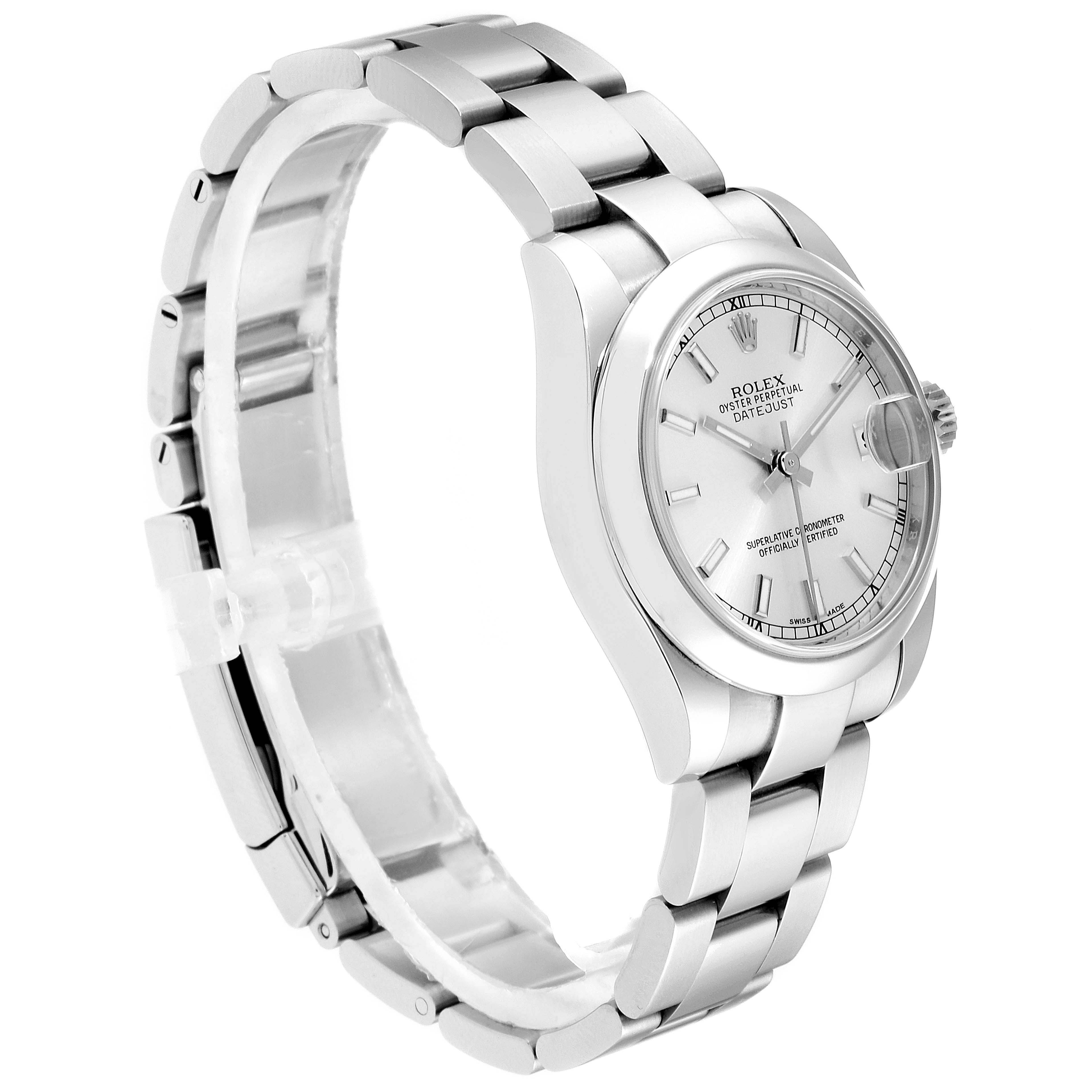 The Rolex Mid-Size 178240 Women
s Stainless Steel Silver Dial 178240 Women
s Stainless Steel Silver Dial model watch is angled to show the face, bezel, bracelet, and crown.