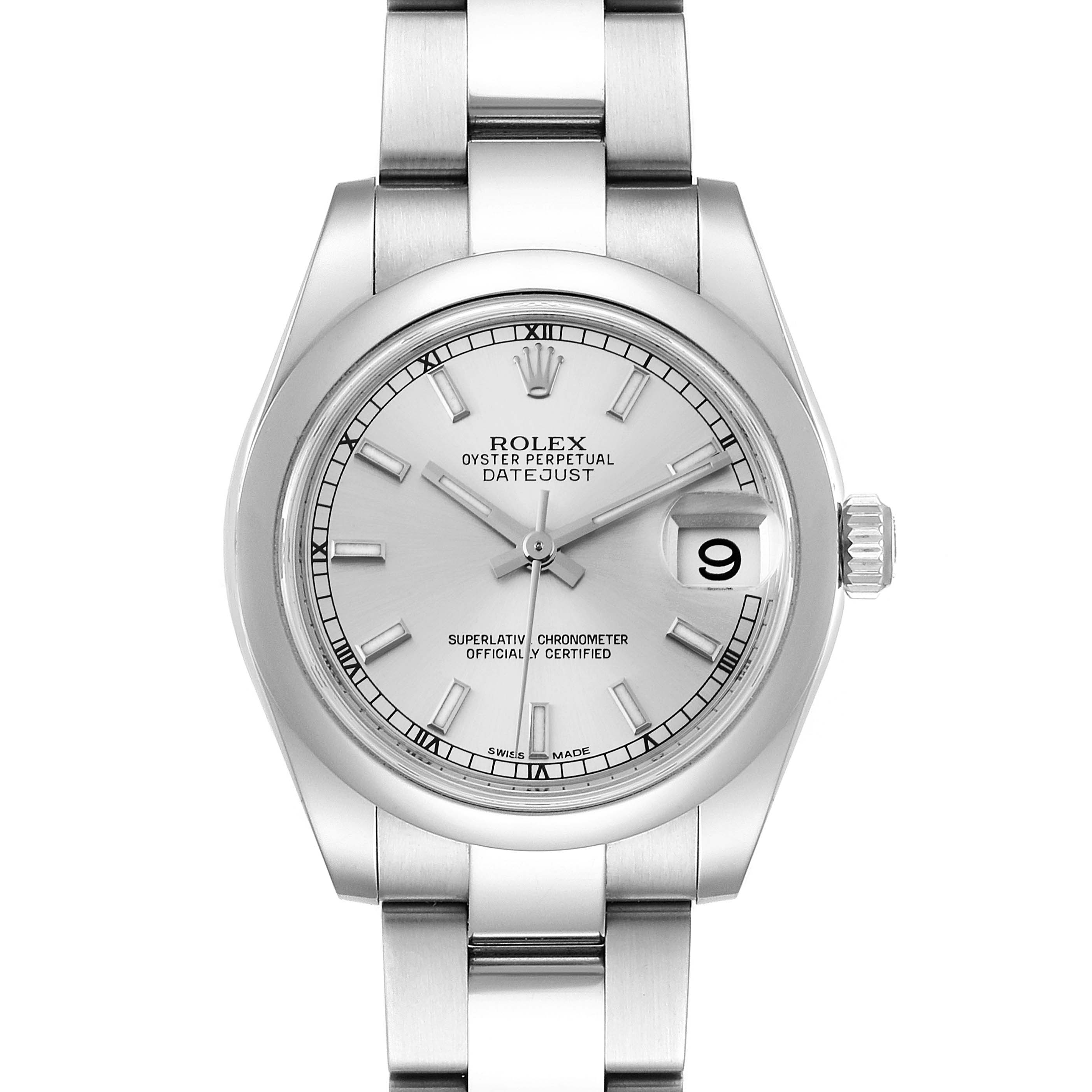 The image shows a front view of a Rolex Datejust Mid-Size watch, displaying its face, crown, and bracelet.