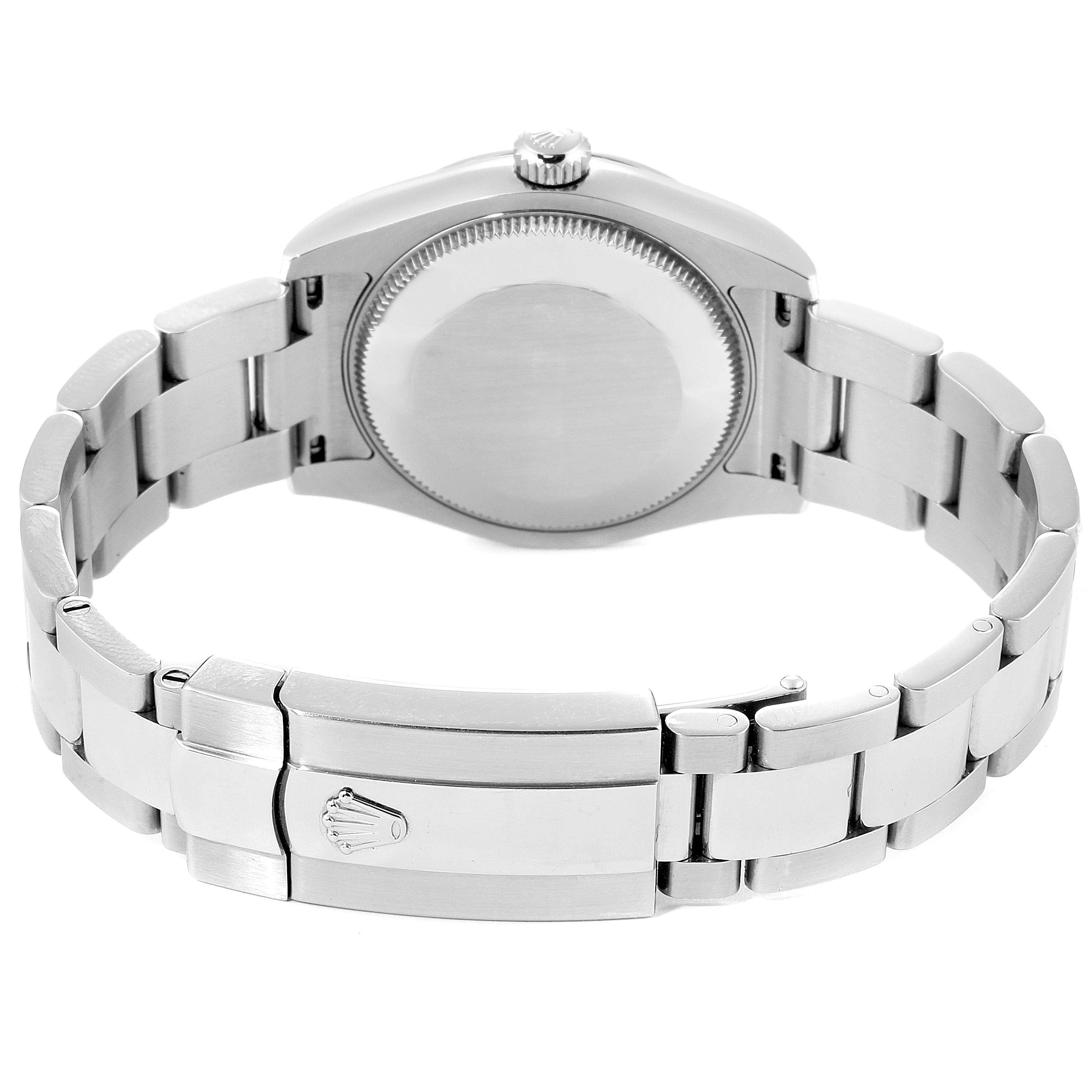 The image shows the rear view of a Rolex Mid-Size 178240 Women
s Stainless Steel Silver Dial 178240 Women
s Stainless Steel Silver Dial model watch, highlighting the case back, crown, and metal bracelet with clasp.