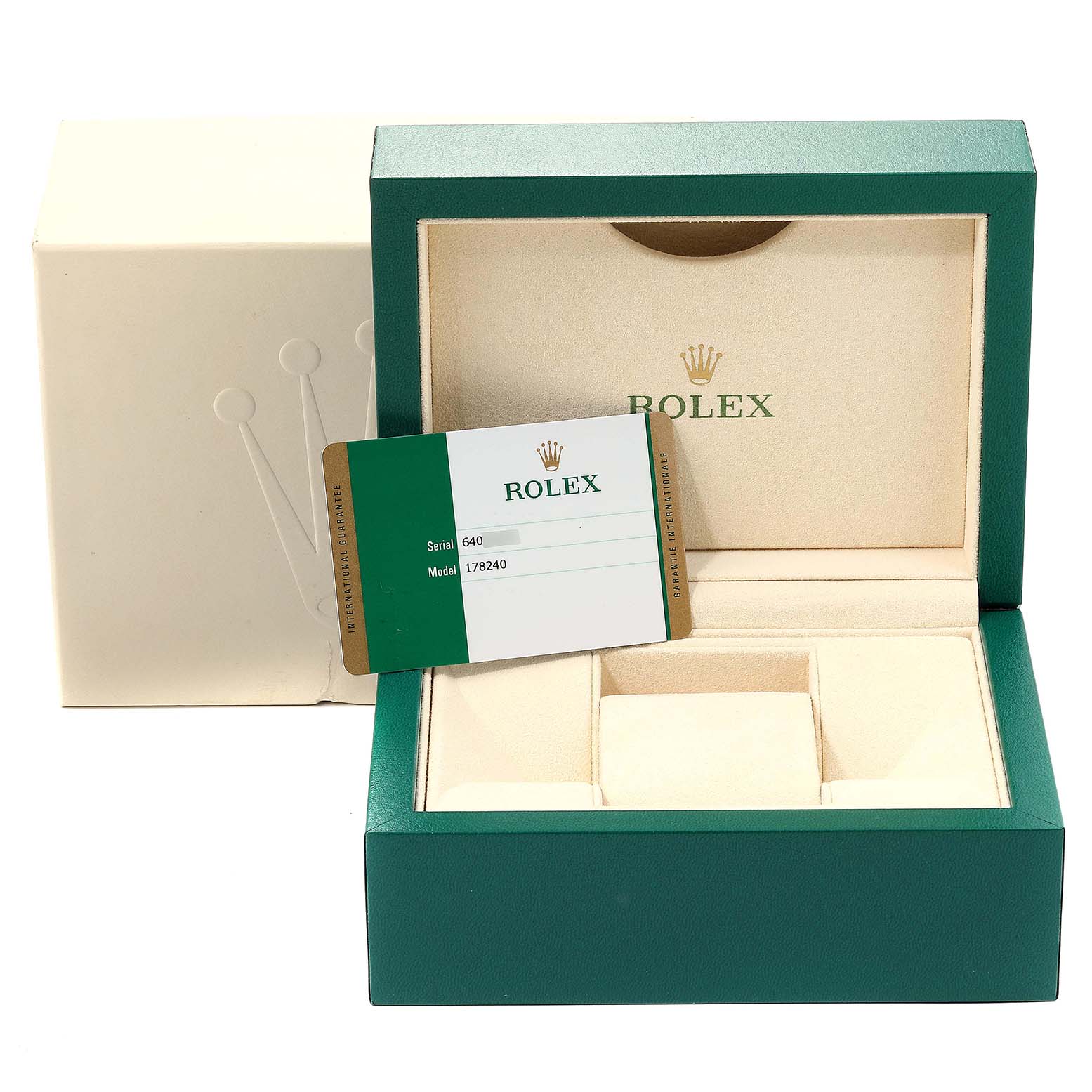 The image shows the packaging, inner box, and Best Quality
ation card for a Rolex Mid-Size 178240 Women
s Stainless Steel Silver Dial 178240 Women
s Stainless Steel Silver Dial Model 178240 watch.