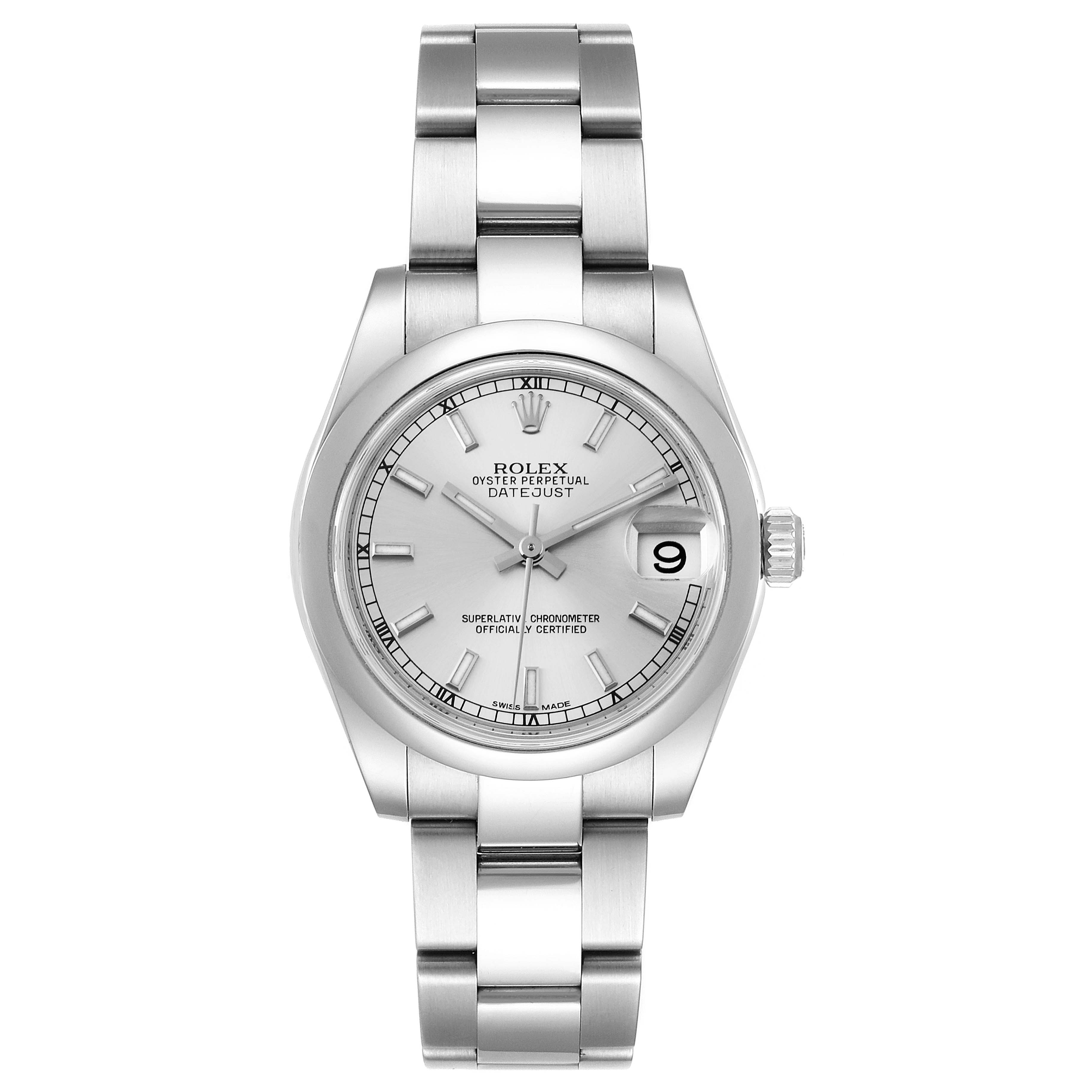 This is a front view of the mid-size Rolex Oyster Perpetual Datejust watch showing the dial, bezel, bracelet, and crown.
