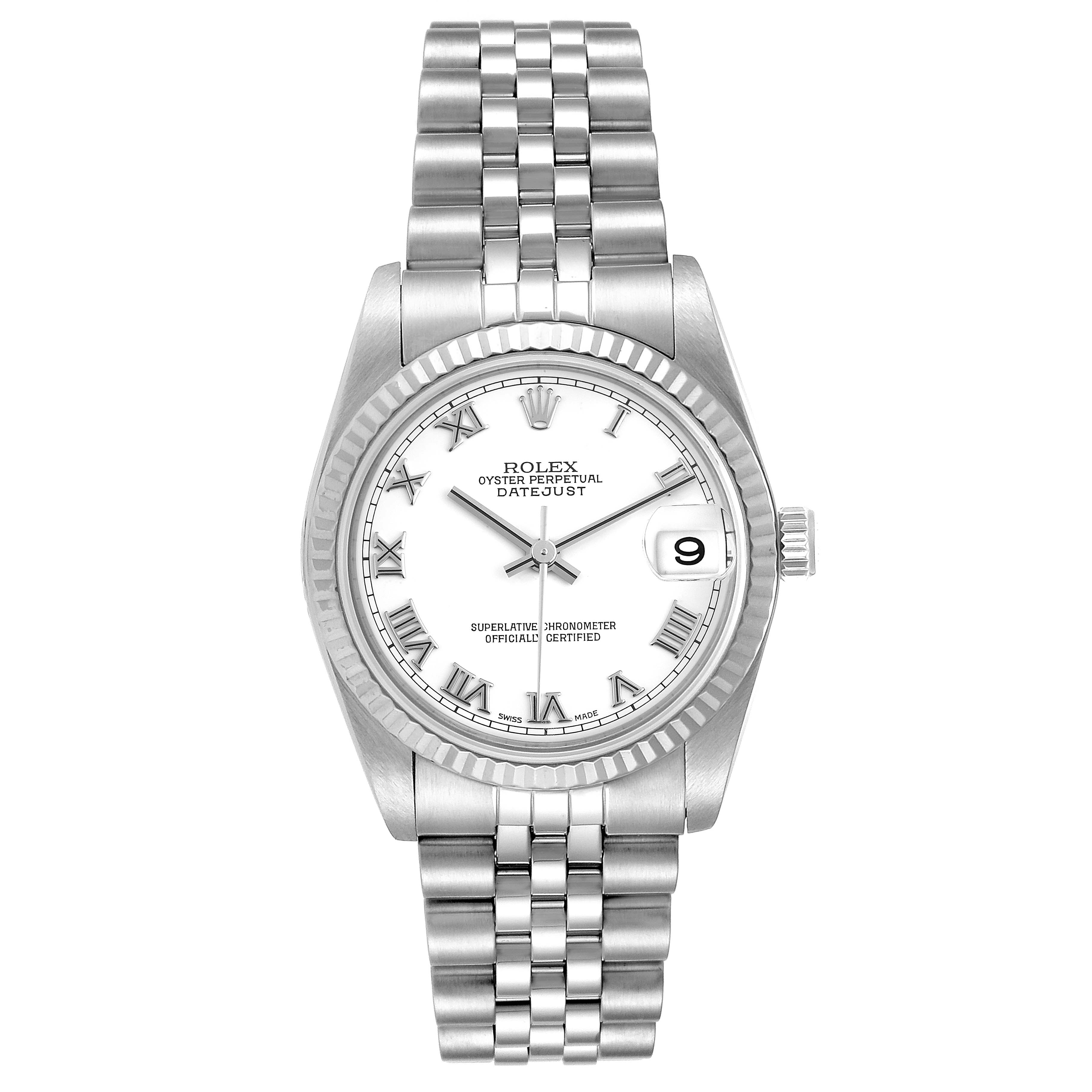 The image shows a front view of a Rolex Mid-Size 78274 Women
s Stainless Steel White Dial 78274 Women
s Stainless Steel White Dial Datejust watch, displaying its dial, bezel, and bracelet.