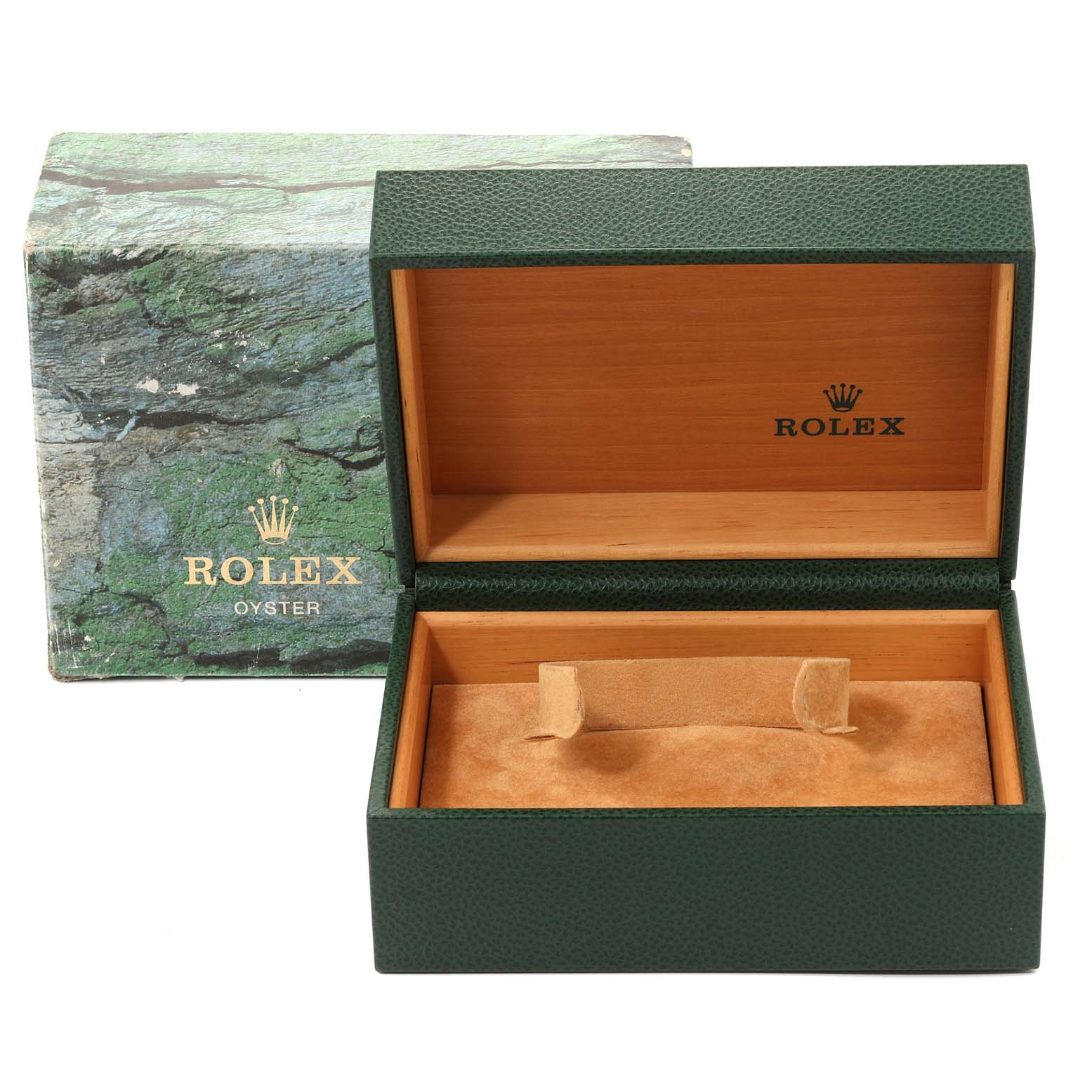 This image shows the open box and outer packaging for a Mid-Size Rolex watch, displaying the green leather and wooden interior.