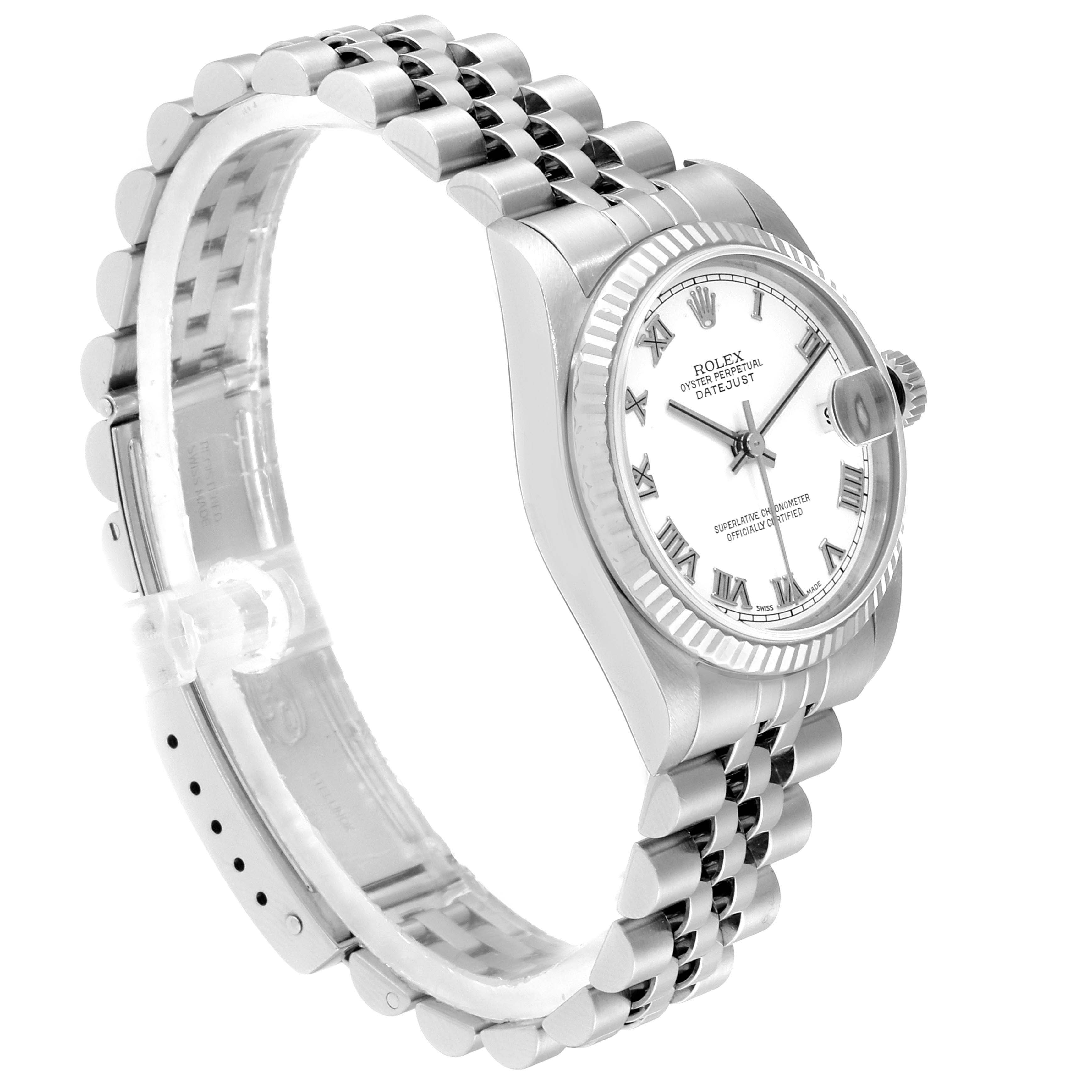 This image shows a Rolex Datejust Mid-Size model, displaying the watch face, case, and Jubilee bracelet.