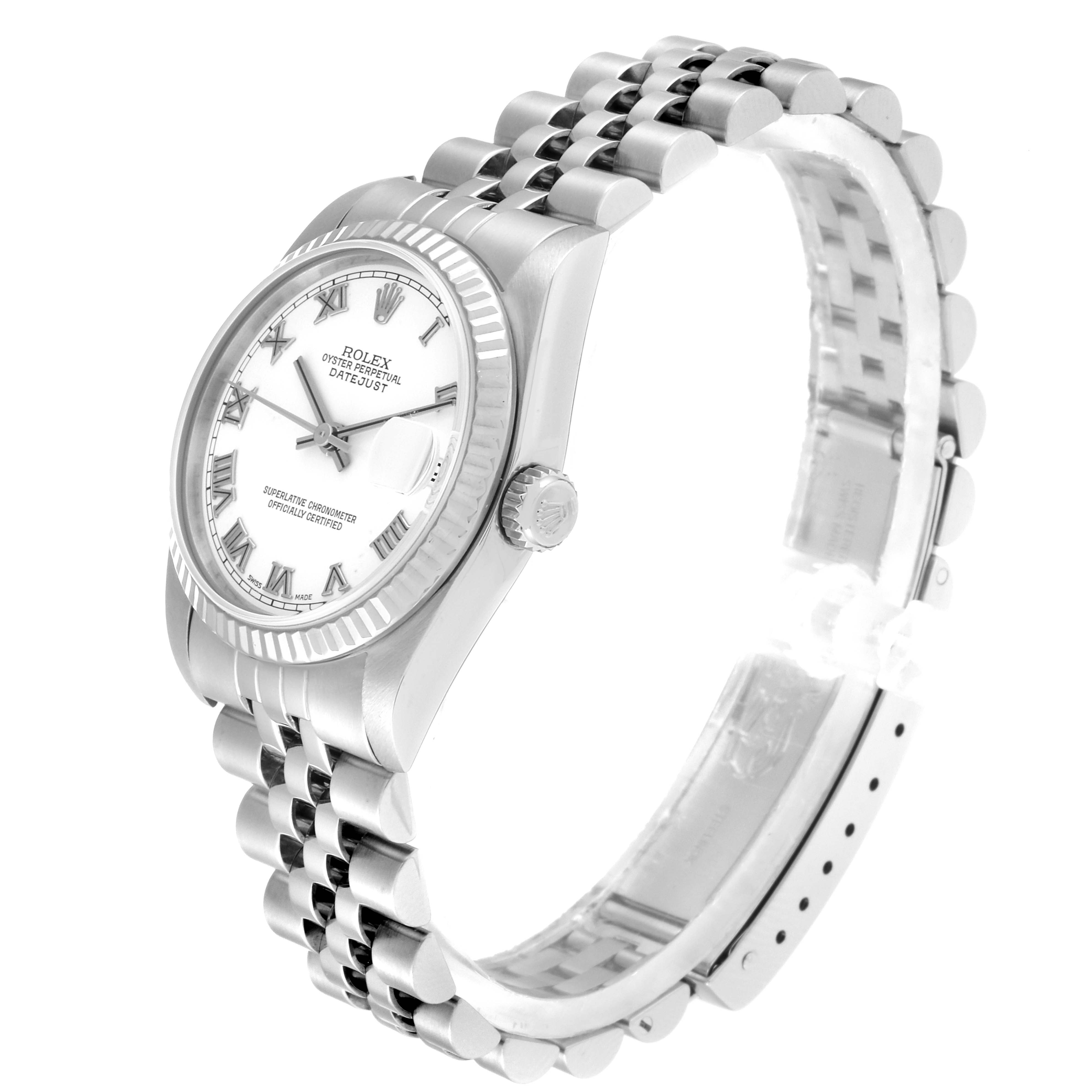 This image shows a side view of a Mid-Size Rolex Oyster Perpetual Datejust watch, highlighting its bezel, crown, dial, and bracelet.