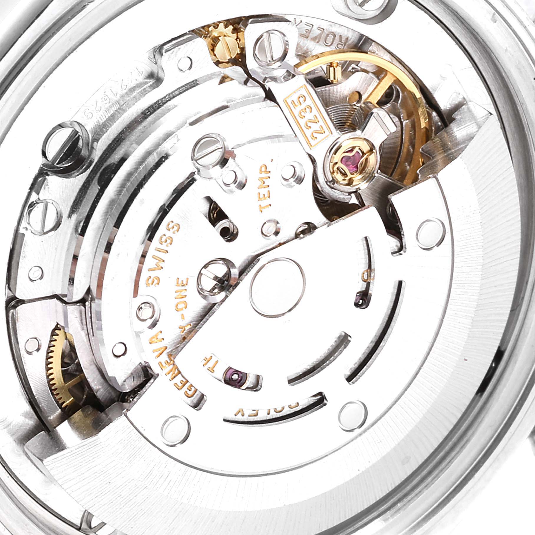 This is an angled close-up of the movement and internal mechanisms of a Rolex Mid-Size 78274 Women
s Stainless Steel White Dial 78274 Women
s Stainless Steel White Dial model watch.