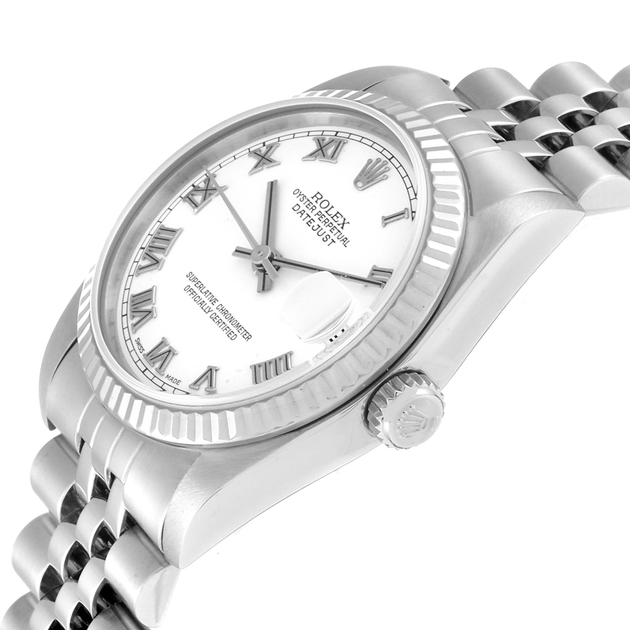 The image shows a side-angle view of a Rolex Mid-Size 78274 Women
s Stainless Steel White Dial 78274 Women
s Stainless Steel White Dial Oyster Perpetual Datejust watch, displaying the dial, bezel, crown, and bracelet.