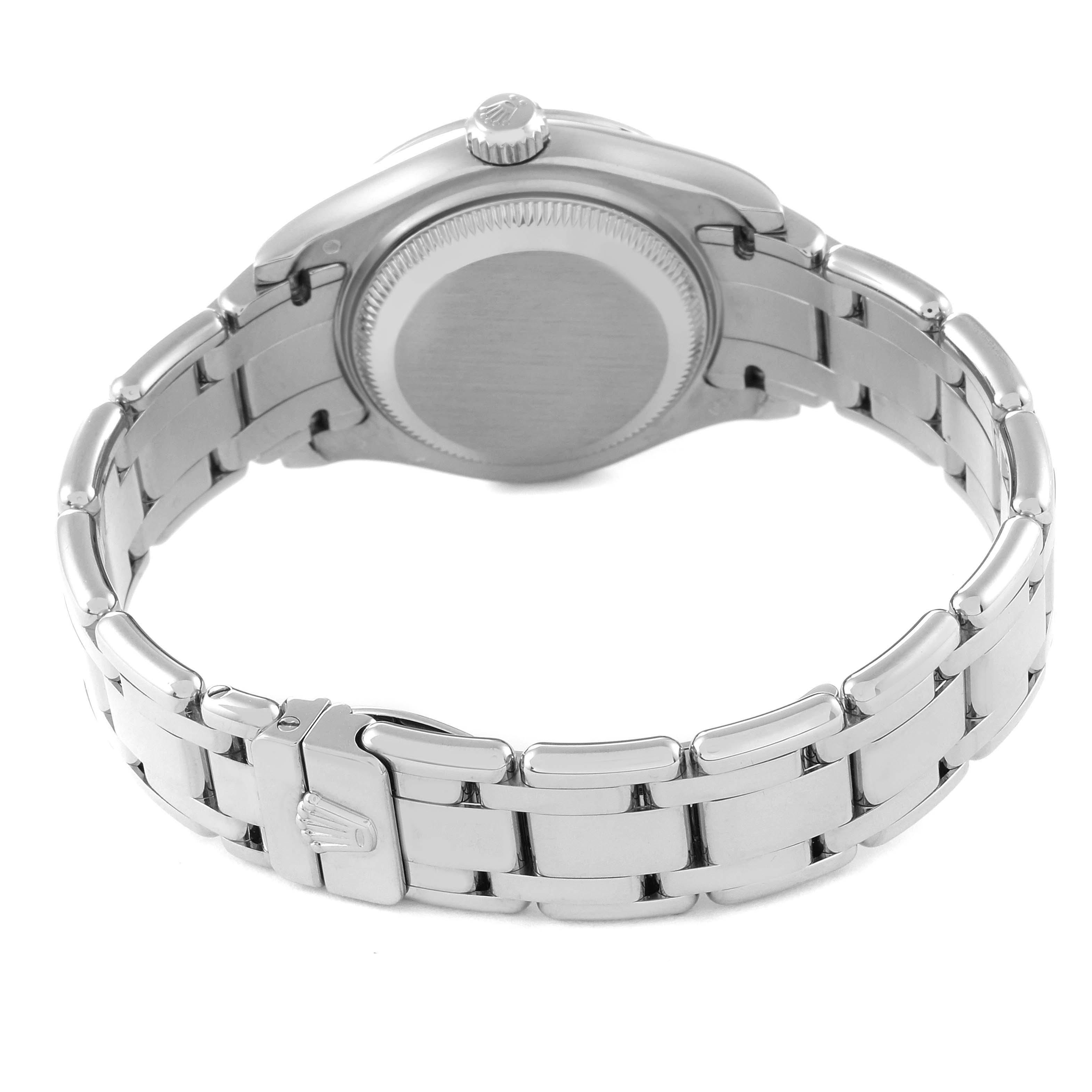This image shows the back view of the Rolex Pearlmaster 80319 Women's White Gold Silver Dial 80319 Women's White Gold Silver Dial watch, highlighting the clasp, bracelet, and case back.