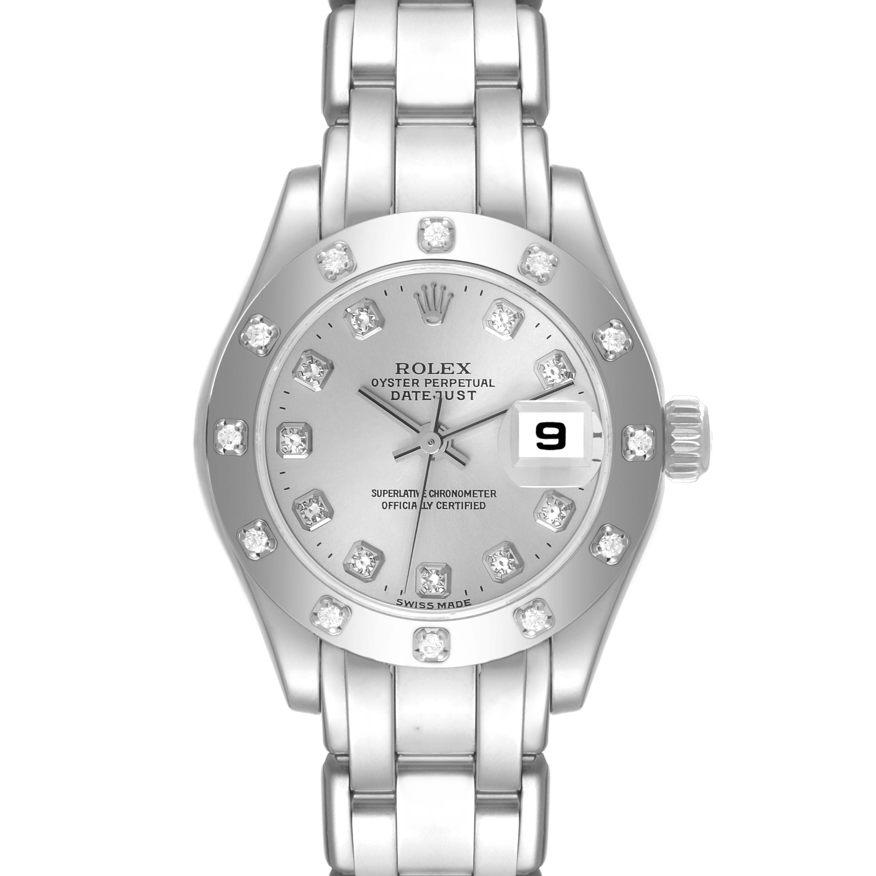 The image shows a front view of a Rolex Pearlmaster 80319 Women's White Gold Silver Dial 80319 Women's White Gold Silver Dial watch, highlighting its diamond hour markers, date window, and metal bracelet.