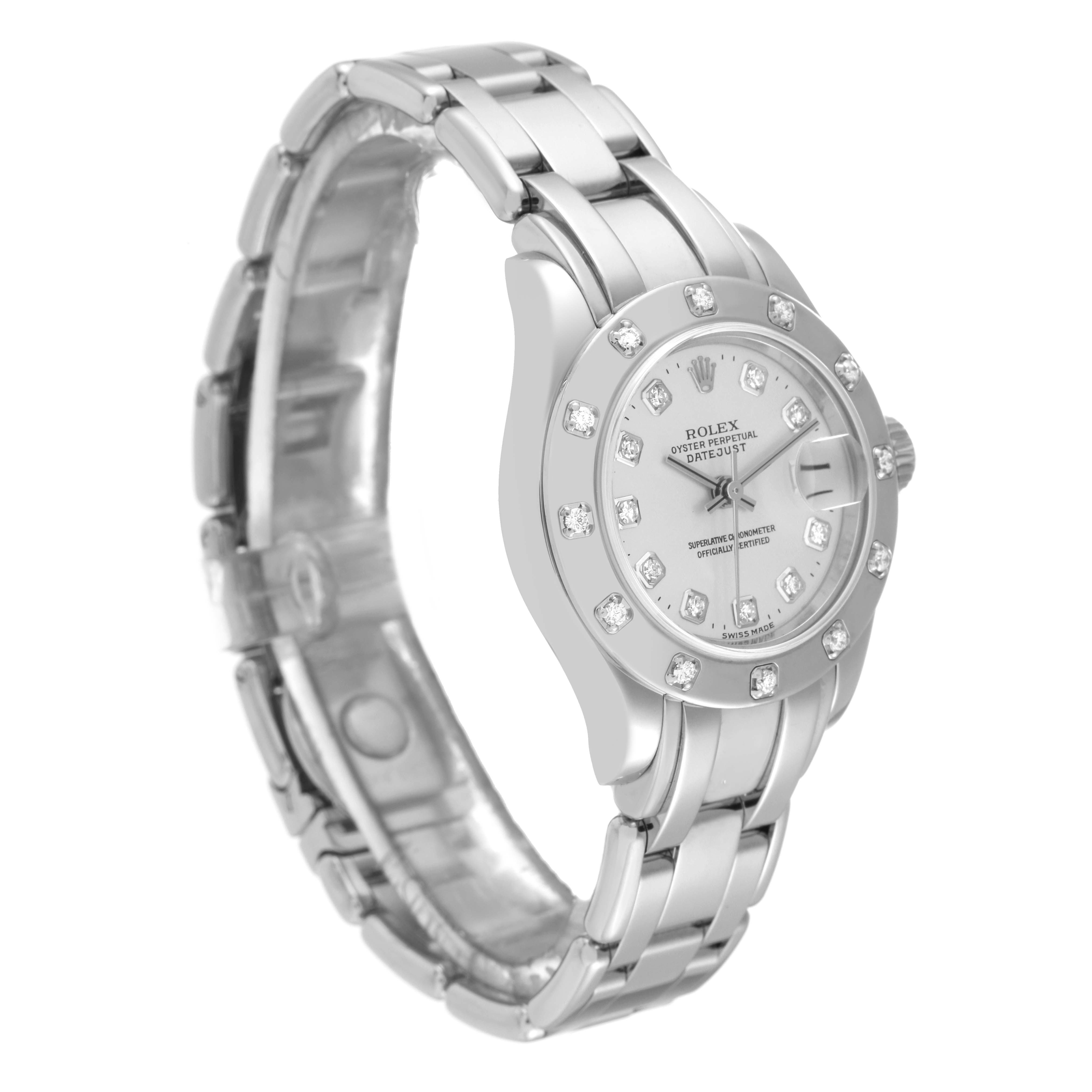 The Rolex Pearlmaster 80319 Women's White Gold Silver Dial 80319 Women's White Gold Silver Dial watch is shown at a three-quarter angle, displaying its face, bezel, and bracelet.
