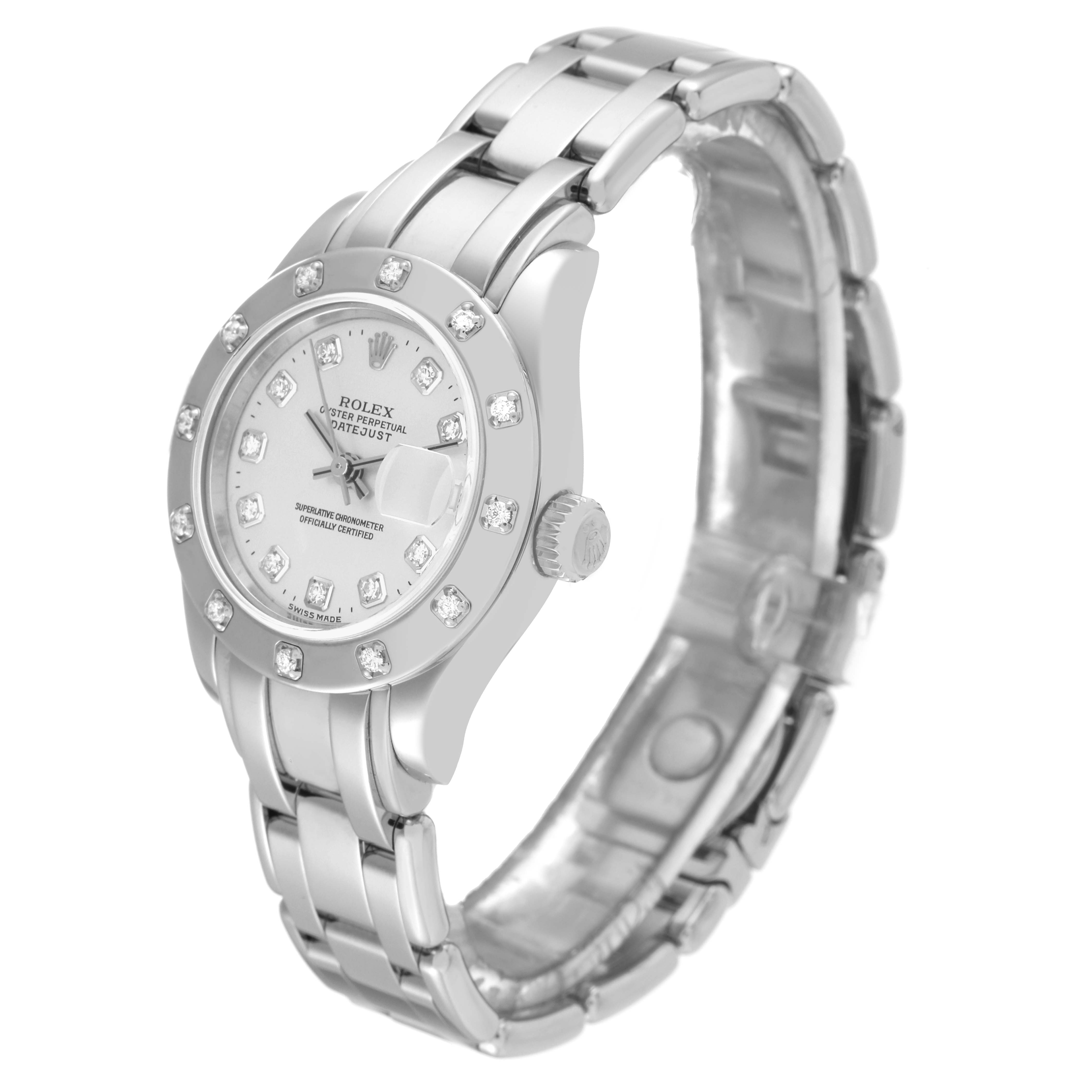 This image shows a Rolex Pearlmaster 80319 Women's White Gold Silver Dial 80319 Women's White Gold Silver Dial watch at a three-quarter angle, displaying the face, bezel, crown, and part of the bracelet.
