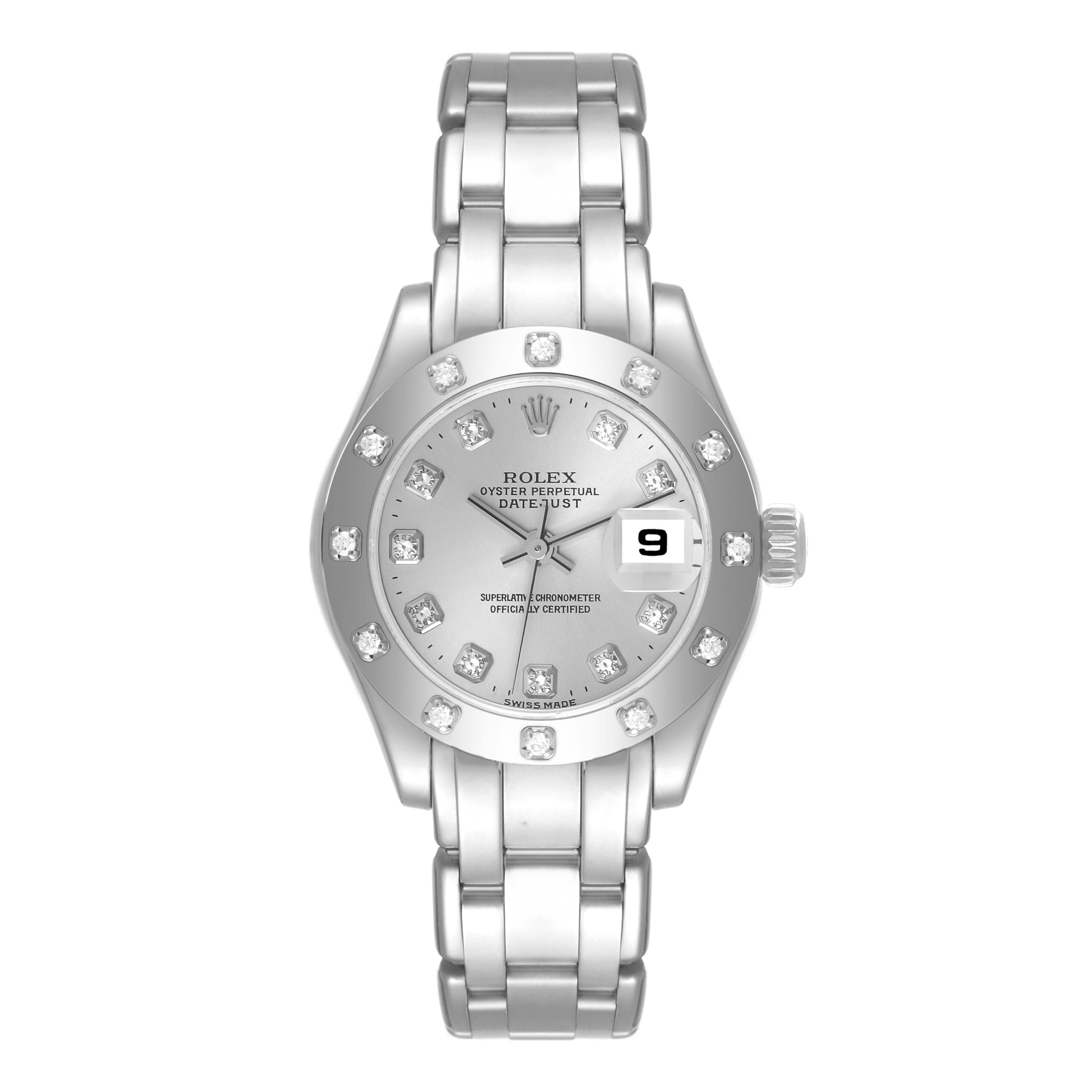 This image shows a front view of a Rolex Pearlmaster 80319 Women's White Gold Silver Dial 80319 Women's White Gold Silver Dial watch, displaying its face, bezel, bracelet, and clasp.