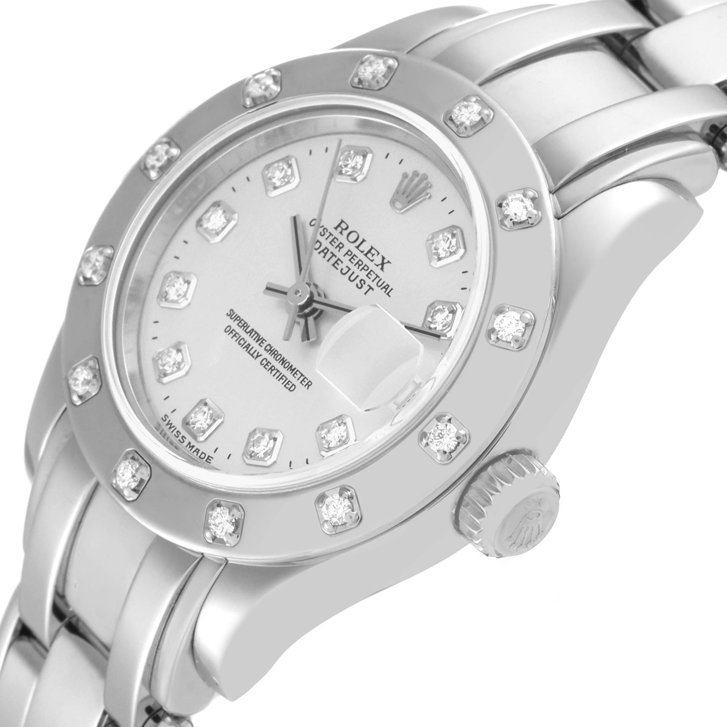 The image shows a close-up of the Rolex Pearlmaster 80319 Women's White Gold Silver Dial 80319 Women's White Gold Silver Dial watch, specifically the face, bezel, crown, and part of the bracelet.
