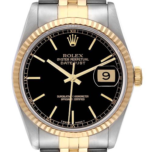 This image shows a front view of a Rolex Datejust watch, highlighting its black dial, date display, and stainless steel and gold bracelet.