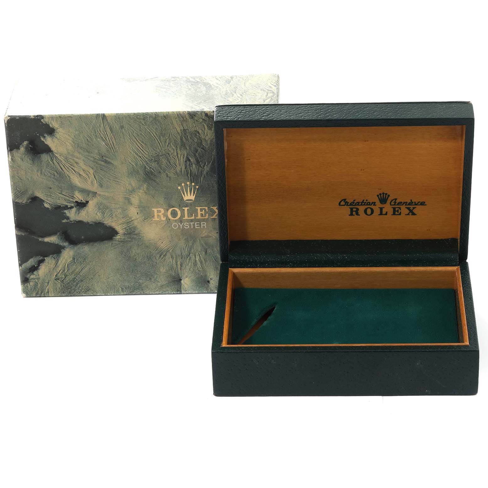 The image shows an open Rolex Datejust 16233 Men's Steel and Gold (two tone) Black Dial 16233 Men's Steel and Gold (two tone) Black Dial watch box, featuring a green velvet interior and a branded exterior box.