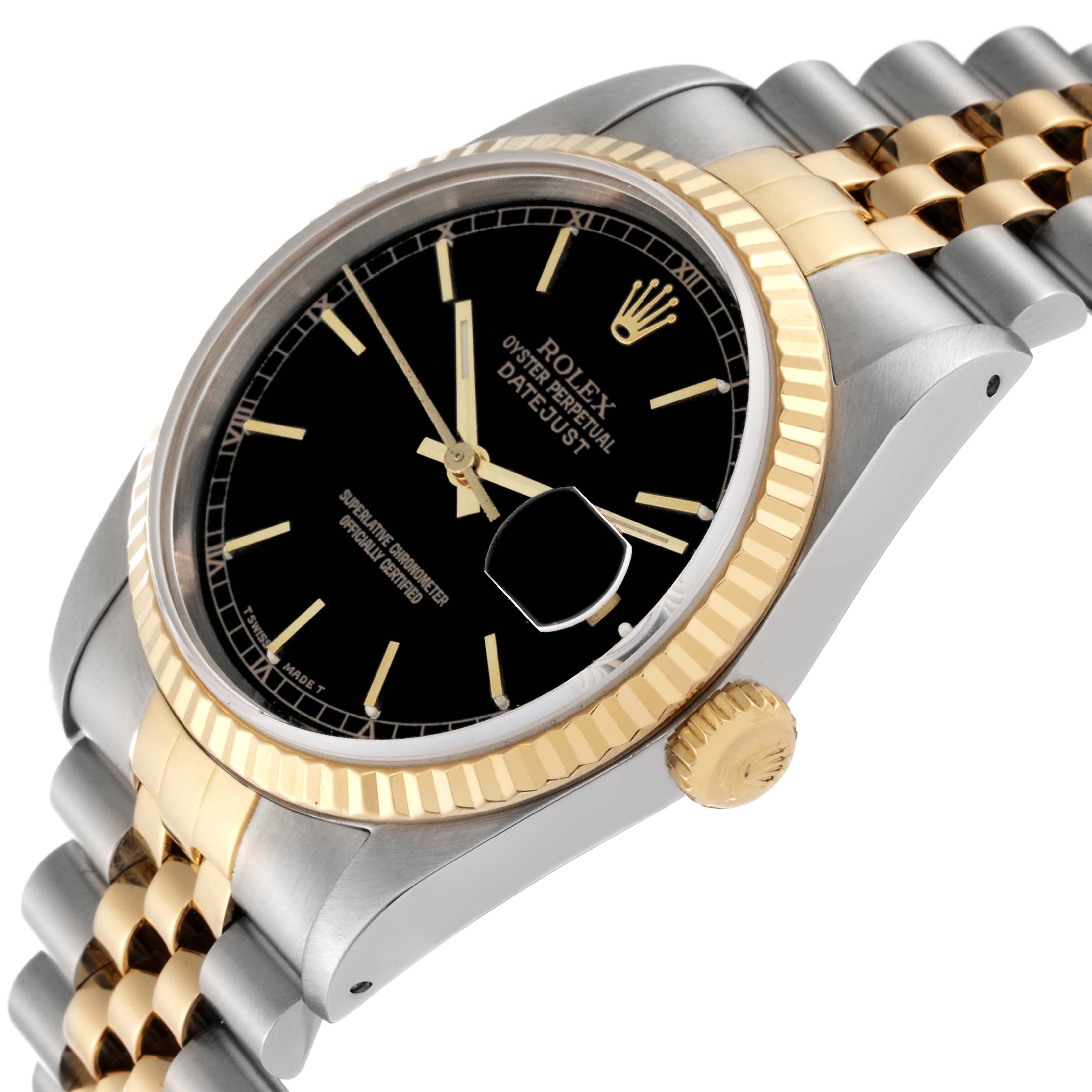 The image shows the Rolex Datejust 16233 Men's Steel and Gold (two tone) Black Dial 16233 Men's Steel and Gold (two tone) Black Dial model at an angle highlighting the dial, bezel, crown, and bracelet.
