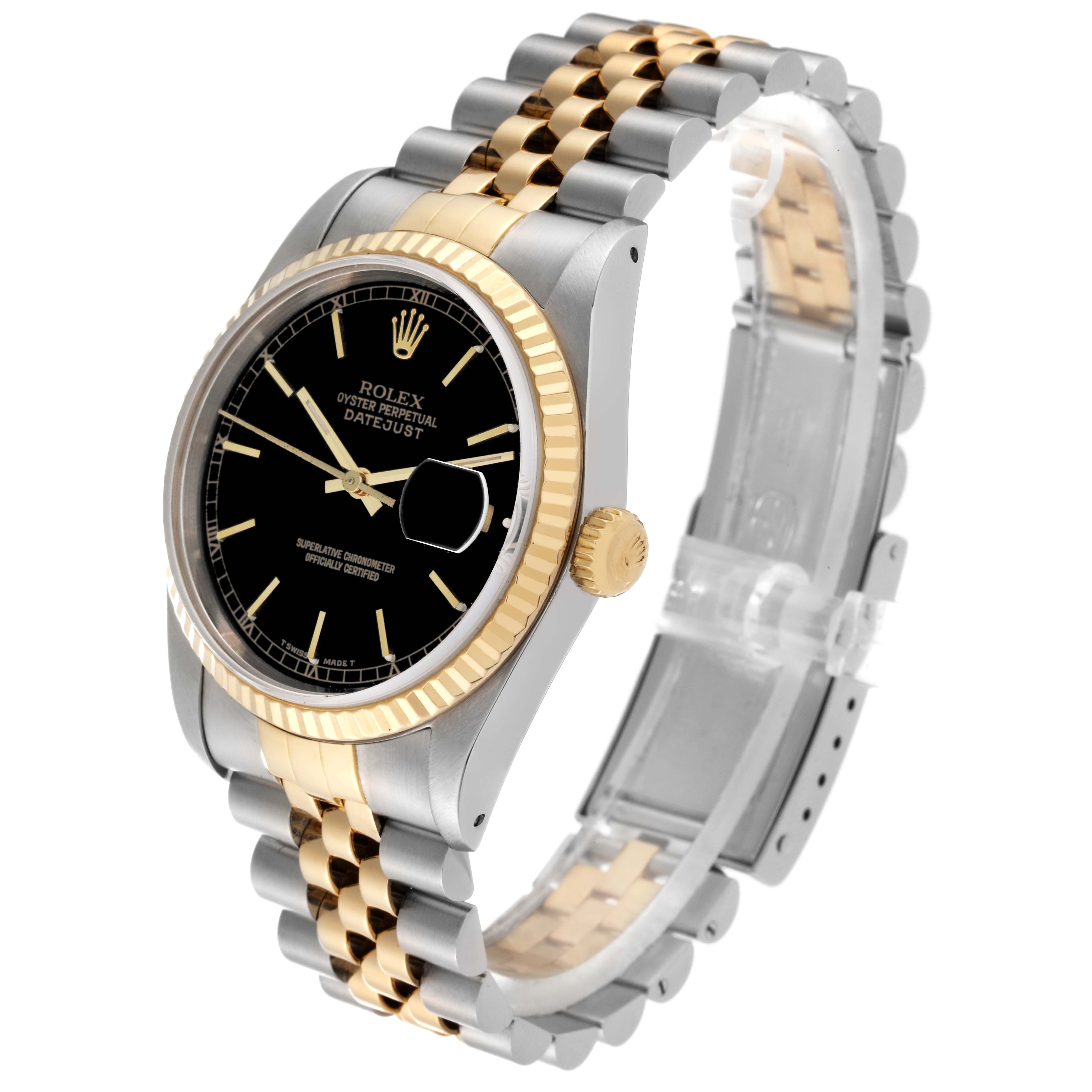 The Rolex Datejust 16233 Men's Steel and Gold (two tone) Black Dial 16233 Men's Steel and Gold (two tone) Black Dial watch is shown at a slight angled view, highlighting its black dial, gold and silver Jubilee bracelet, and fluted bezel.