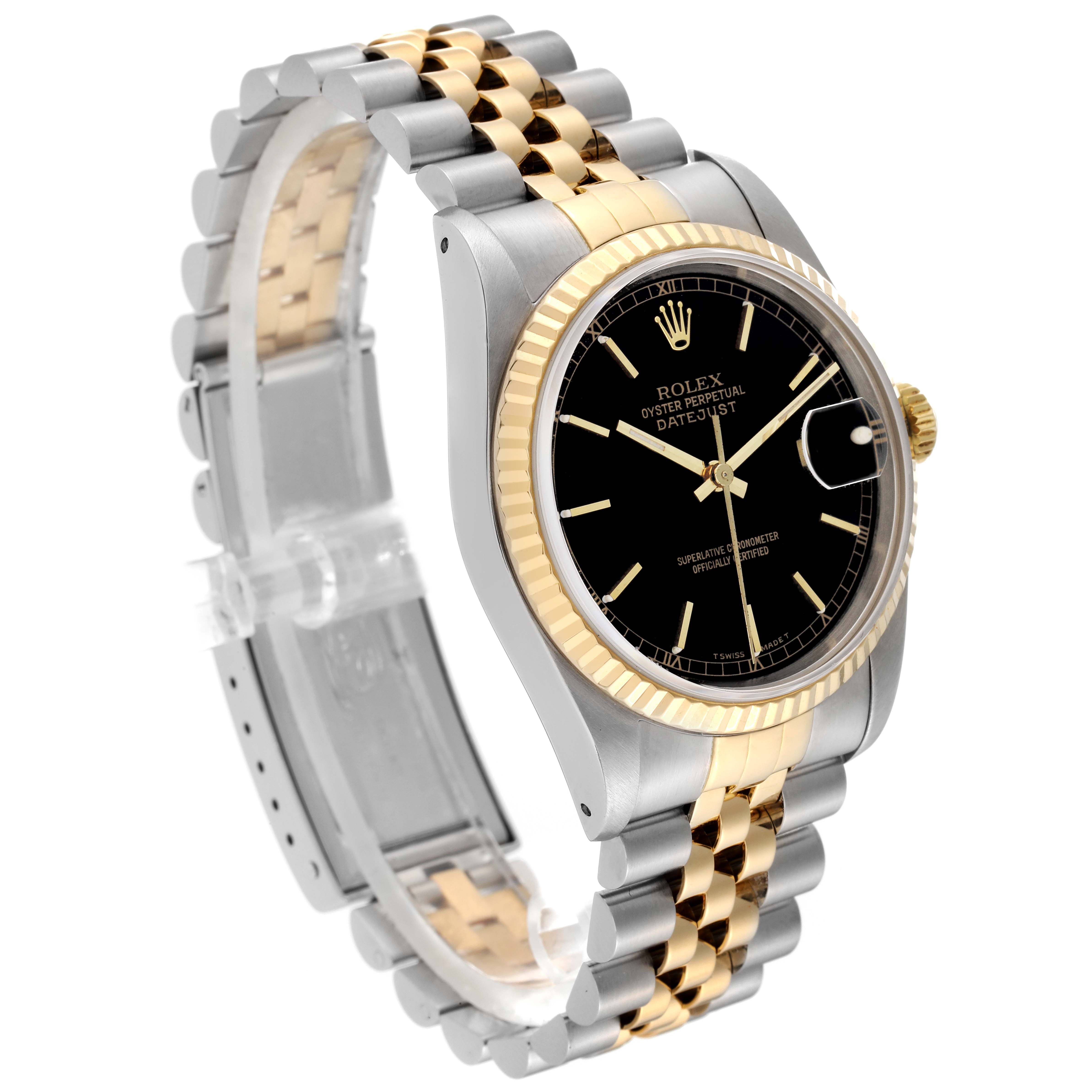 This Rolex Datejust 16233 Men's Steel and Gold (two tone) Black Dial 16233 Men's Steel and Gold (two tone) Black Dial watch is shown at an angle highlighting its black dial, two-tone Jubilee bracelet, and fluted gold bezel.