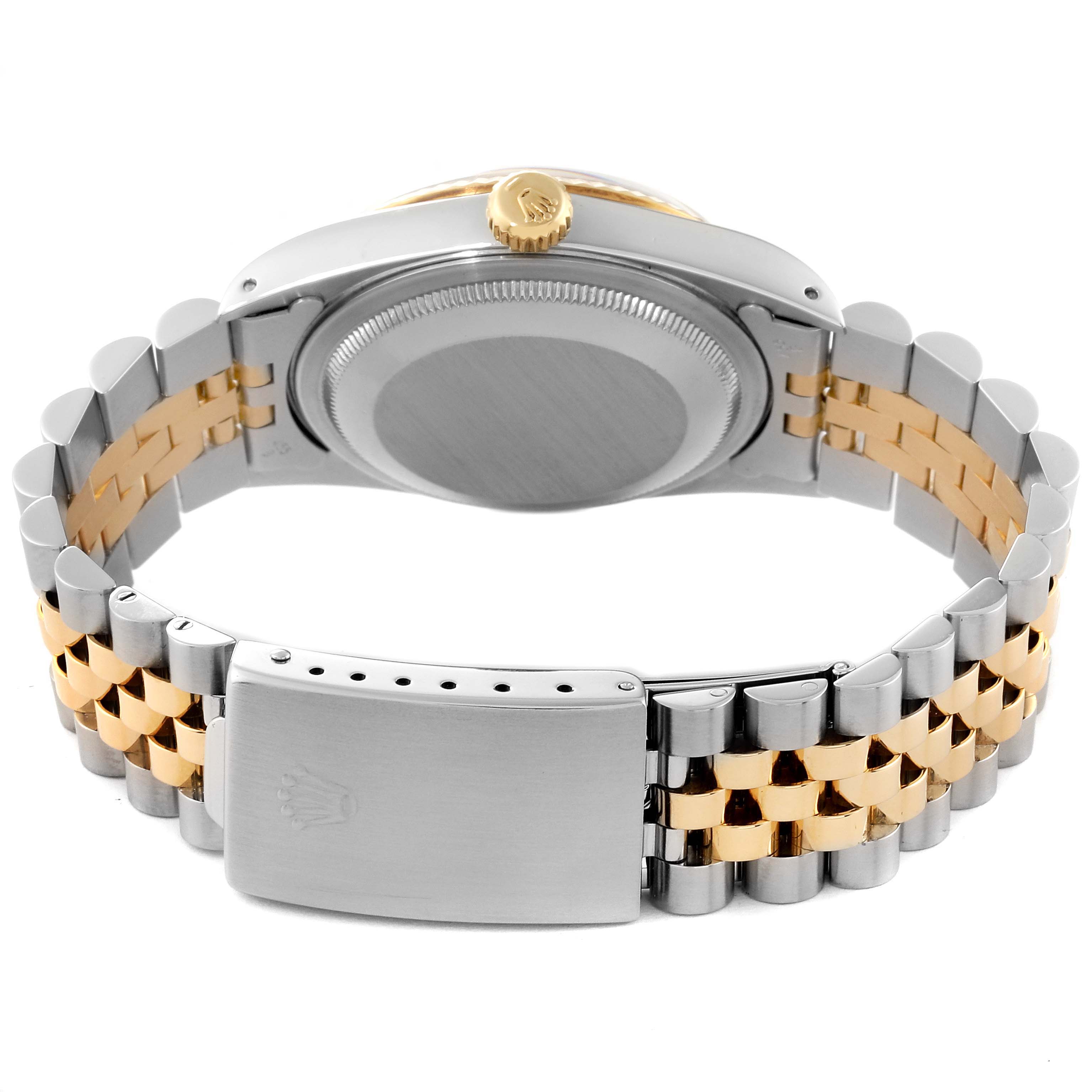 The image shows the back view of a Rolex Datejust 16233 Men's Steel and Gold (two tone) Black Dial 16233 Men's Steel and Gold (two tone) Black Dial watch, highlighting the case back, crown, and two-tone Jubilee bracelet.