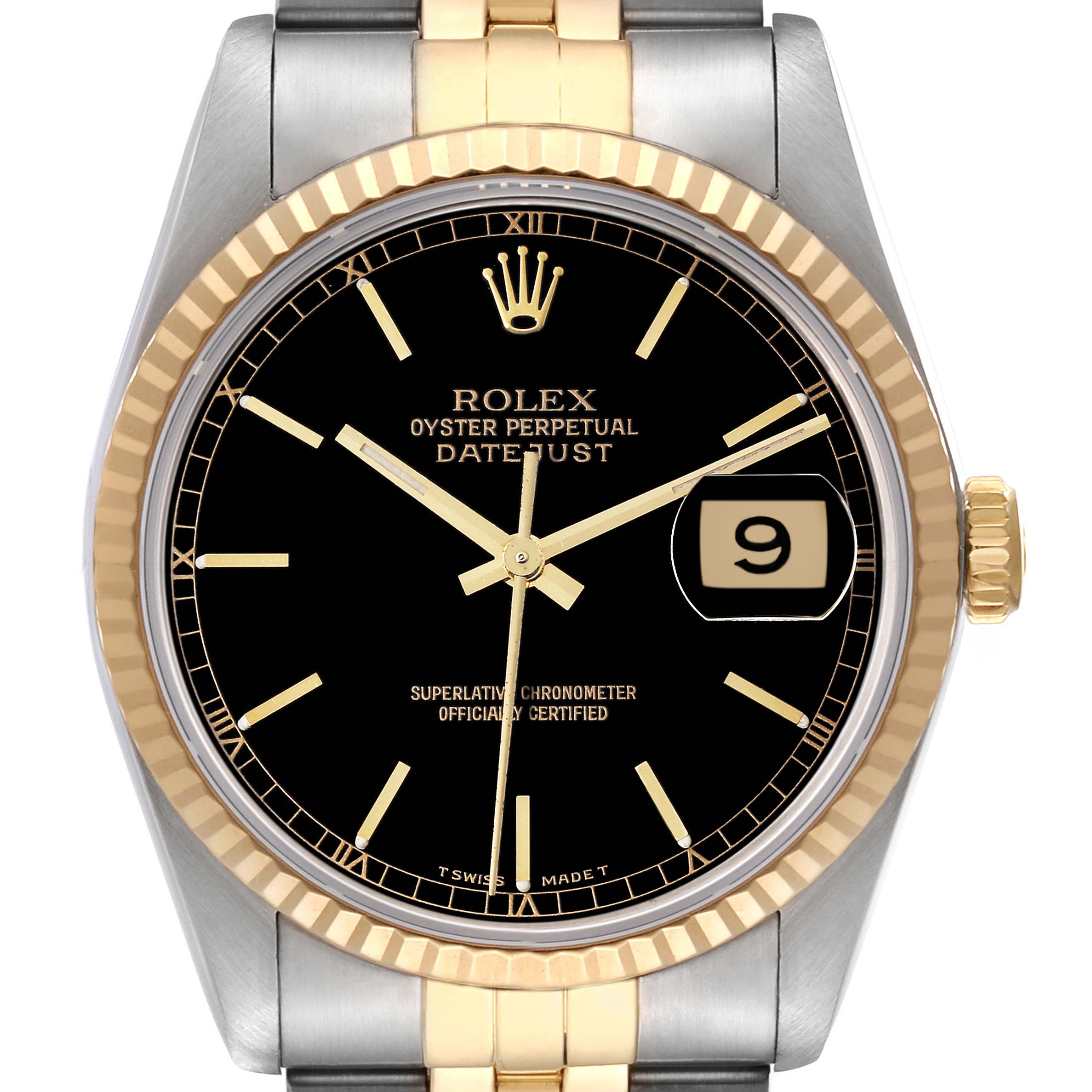 The image shows a frontal view of a Rolex Datejust 16233 Men's Steel and Gold (two tone) Black Dial 16233 Men's Steel and Gold (two tone) Black Dial watch, highlighting the black dial, date window, and two-tone bracelet.