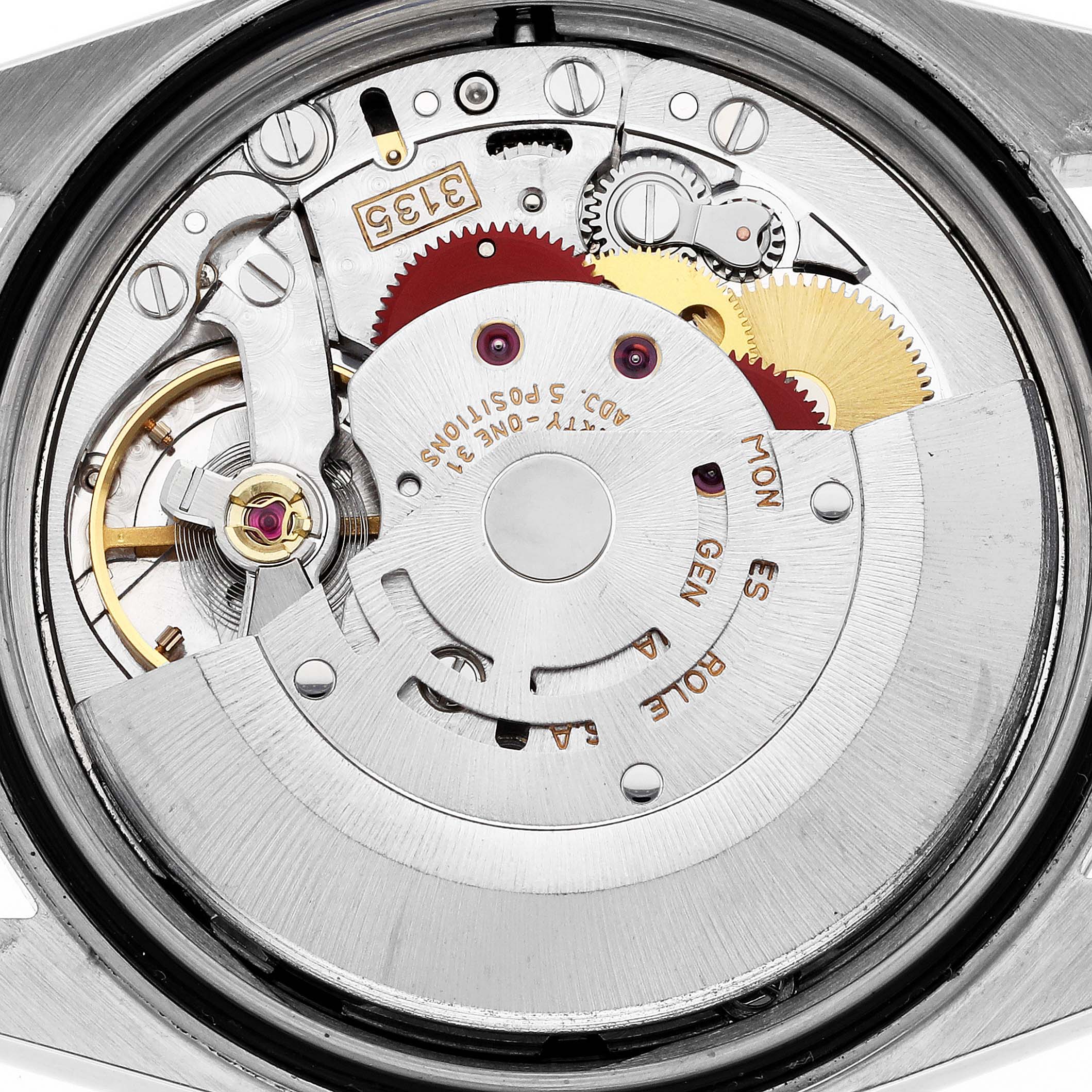 This close-up image shows the internal mechanical movement of a Rolex Datejust 16233 Men's Steel and Gold (two tone) Black Dial 16233 Men's Steel and Gold (two tone) Black Dial watch from the back.
