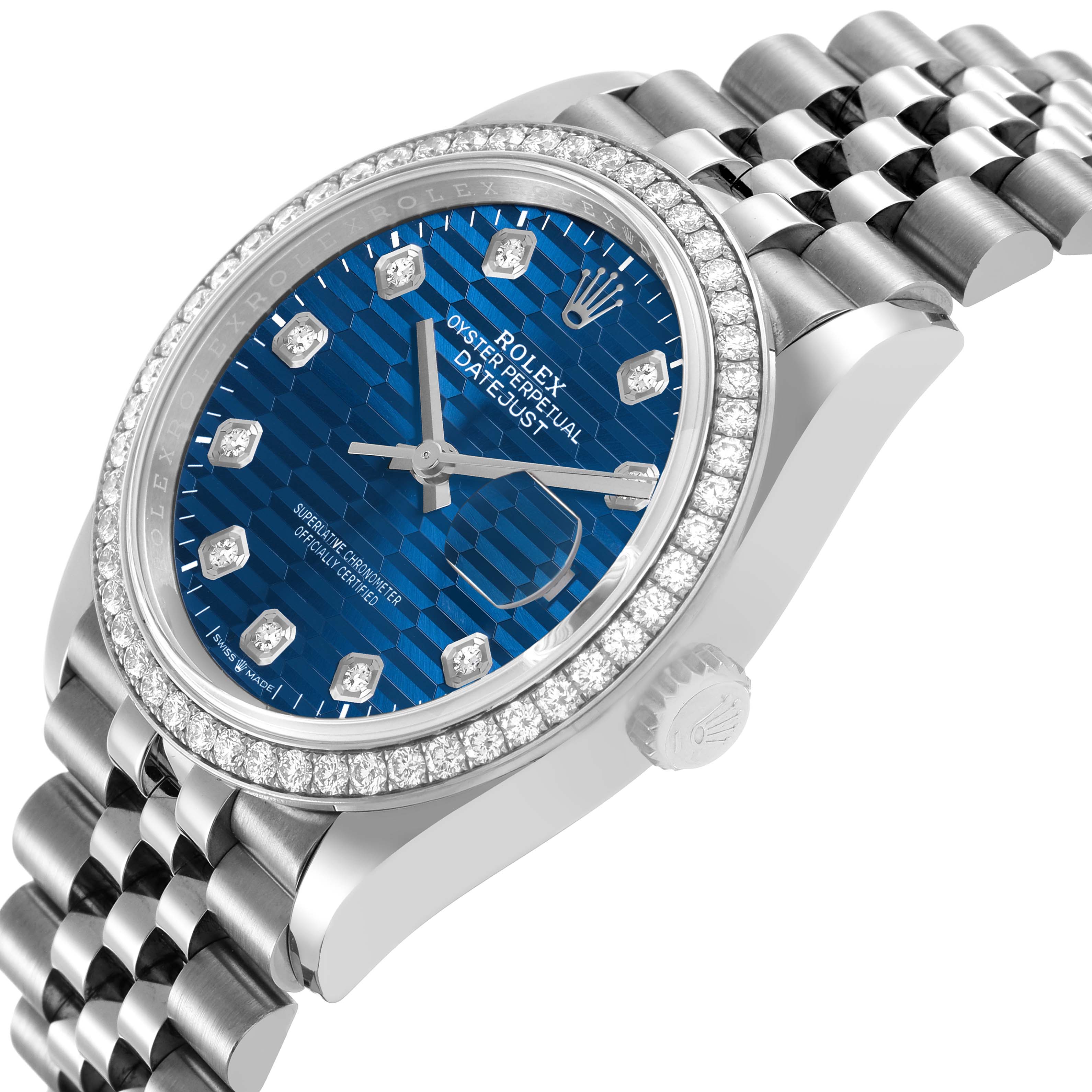 The Rolex Datejust 126284 Men's Stainless Steel Blue Dial watch is shown from a three-quarter angle, highlighting the dial, bezel, and bracelet.