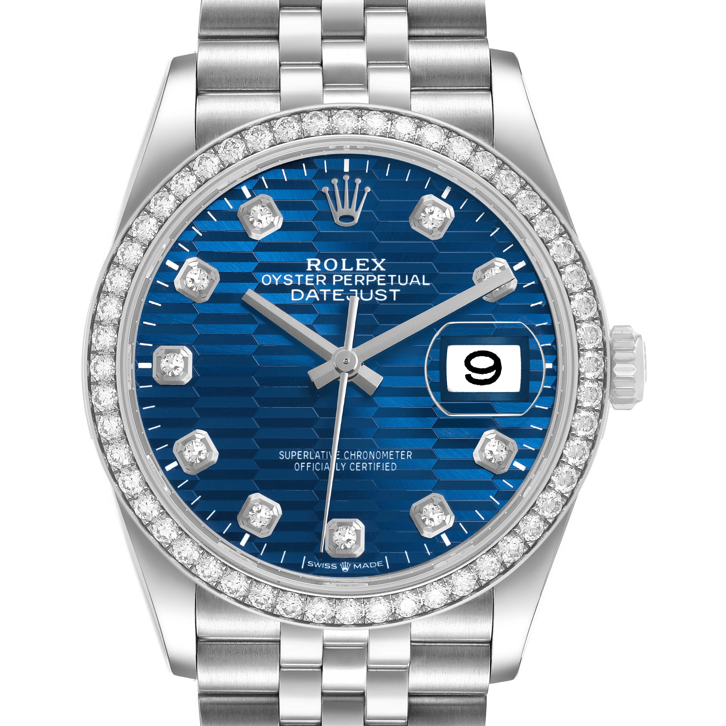 The image shows a front view of the Rolex Datejust 126284 Men's Stainless Steel Blue Dial watch, focusing on its blue dial, diamond bezel, and jubilee bracelet.