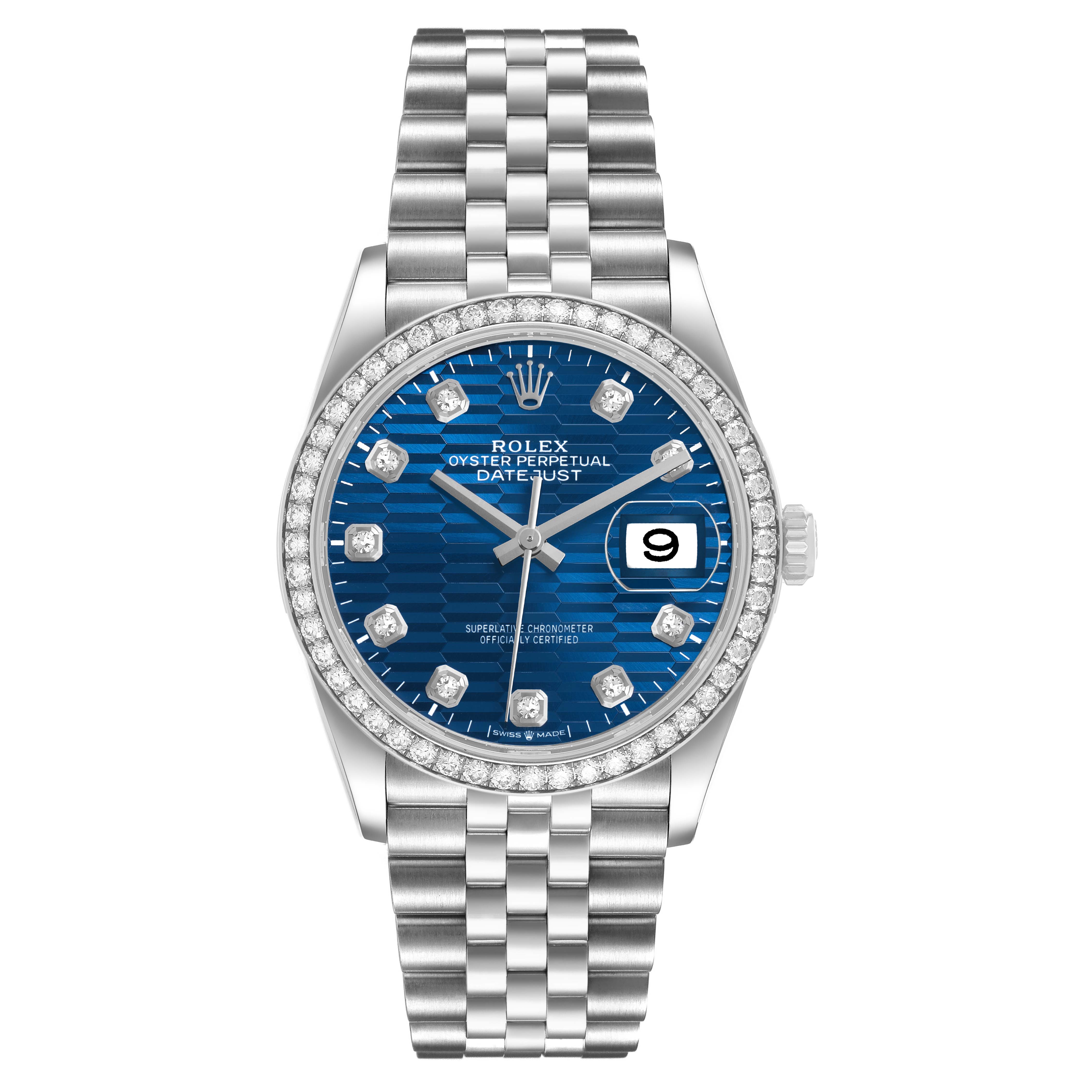 The Rolex Datejust 126284 Men's Stainless Steel Blue Dial watch is shown from a front angle, displaying its blue dial, diamond indices, fluted bezel, and Jubilee bracelet.