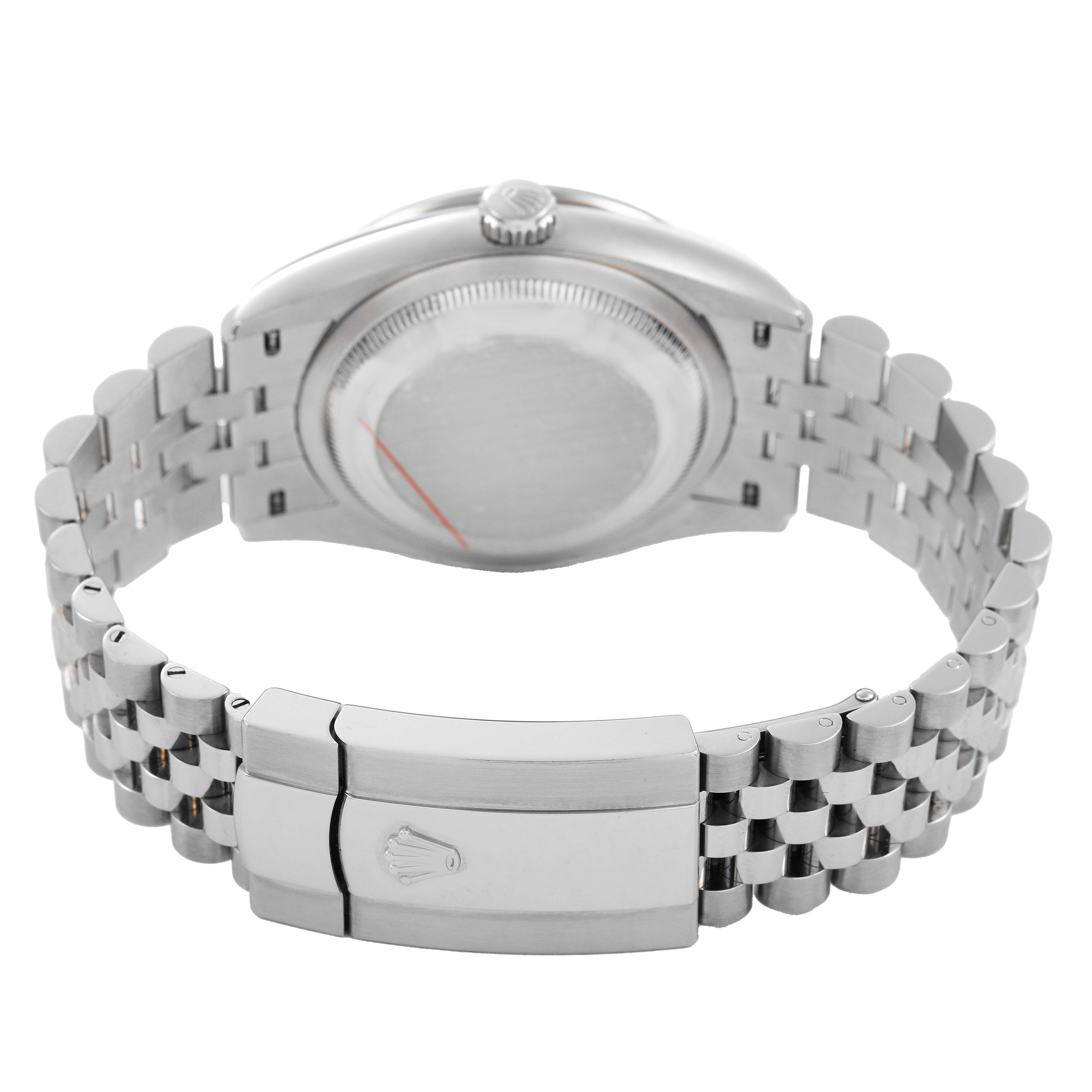 The image shows the back view of a Rolex Datejust 126284 Men's Stainless Steel Blue Dial watch, highlighting the Jubilee bracelet and clasp.