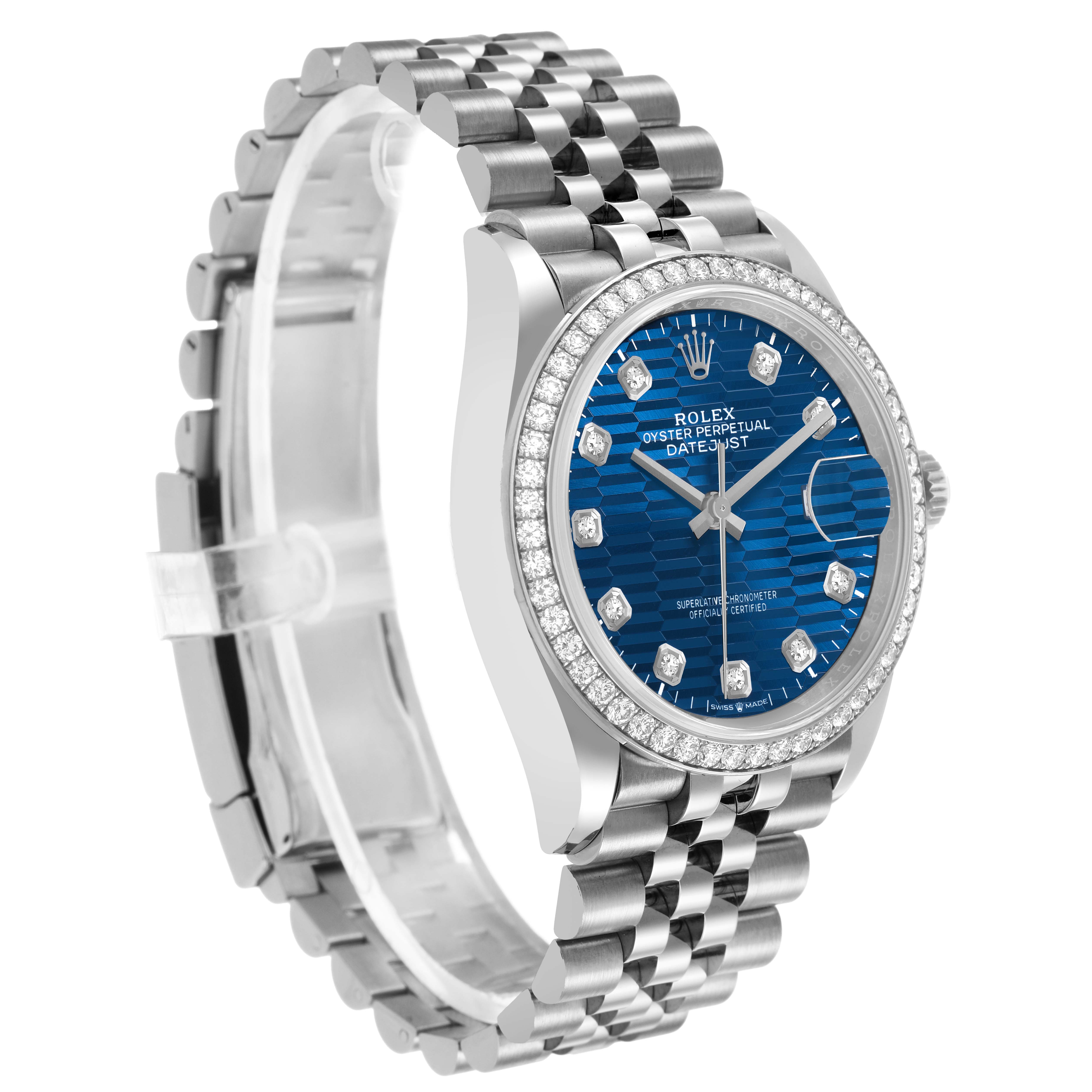 The Rolex Datejust 126284 Men's Stainless Steel Blue Dial watch is shown at a slight side angle, highlighting the blue dial, diamond bezel, and Jubilee bracelet.