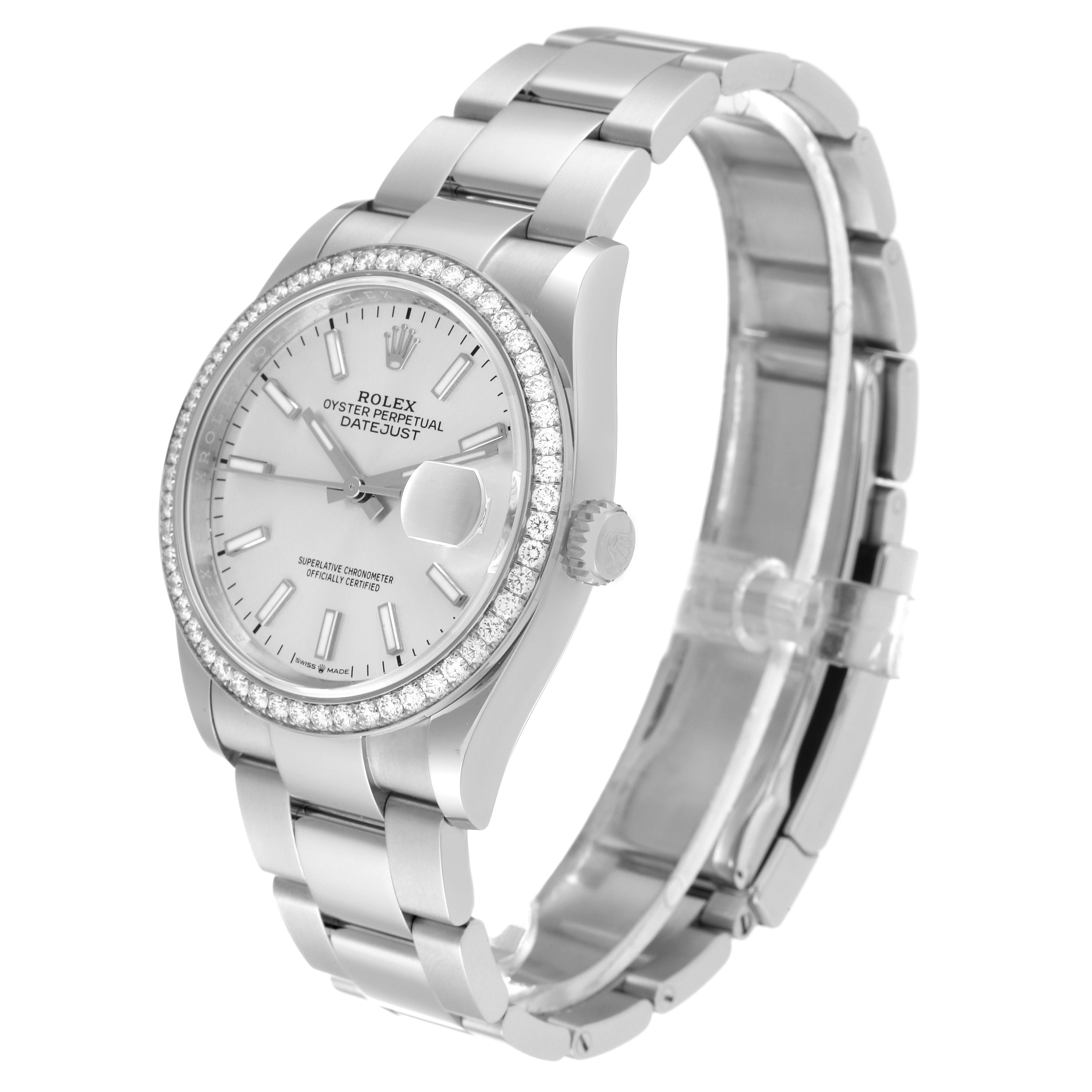 The Rolex Datejust 126284 Men's Stainless Steel Silver Dial 126284 Men's Stainless Steel Silver Dial watch is shown at an angled view, featuring the dial, bracelet, crown, and diamond-set bezel.