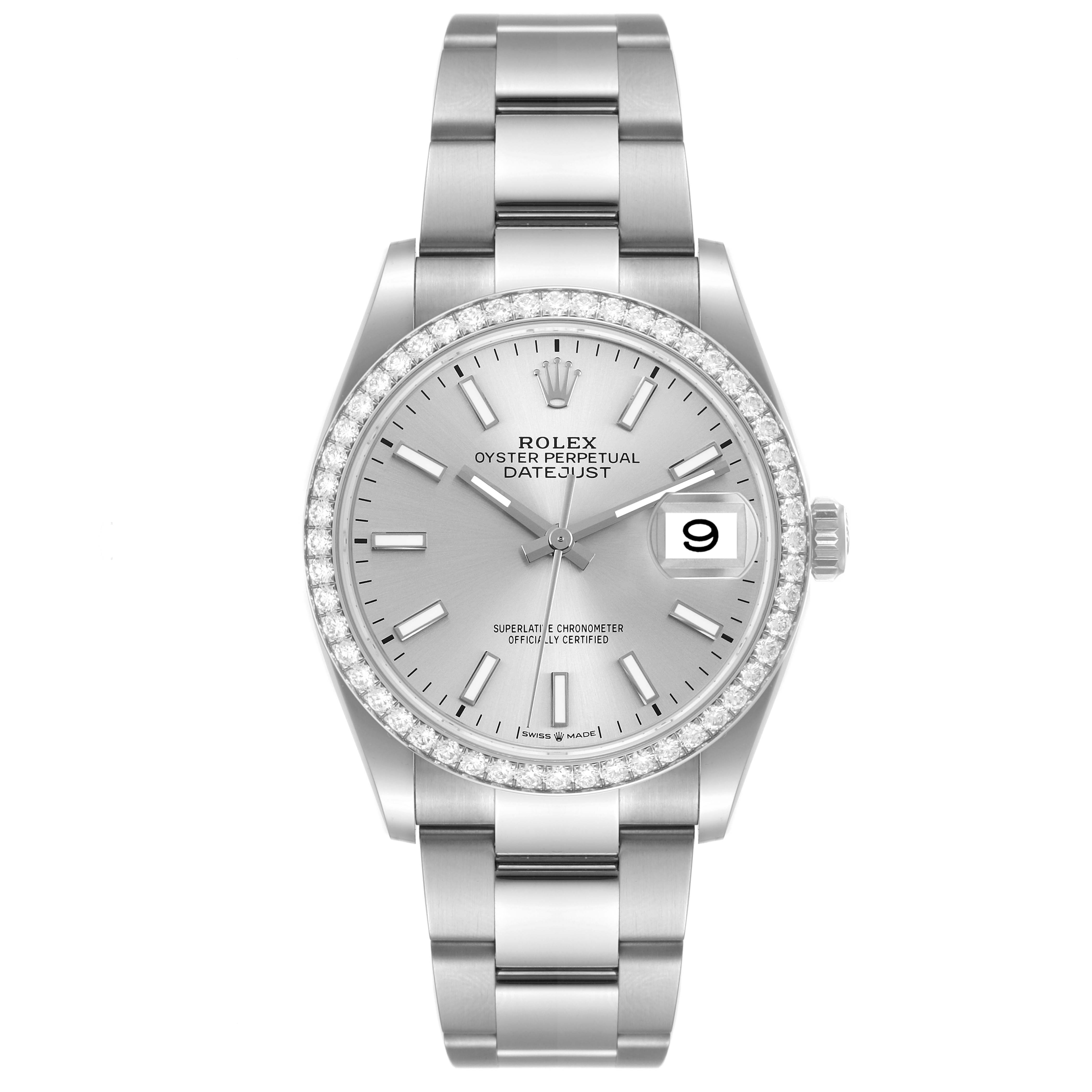 This image shows a front view of the Rolex Datejust 126284 Men's Stainless Steel Silver Dial 126284 Men's Stainless Steel Silver Dial, displaying the bracelet, bezel, dial, hands, and date window.