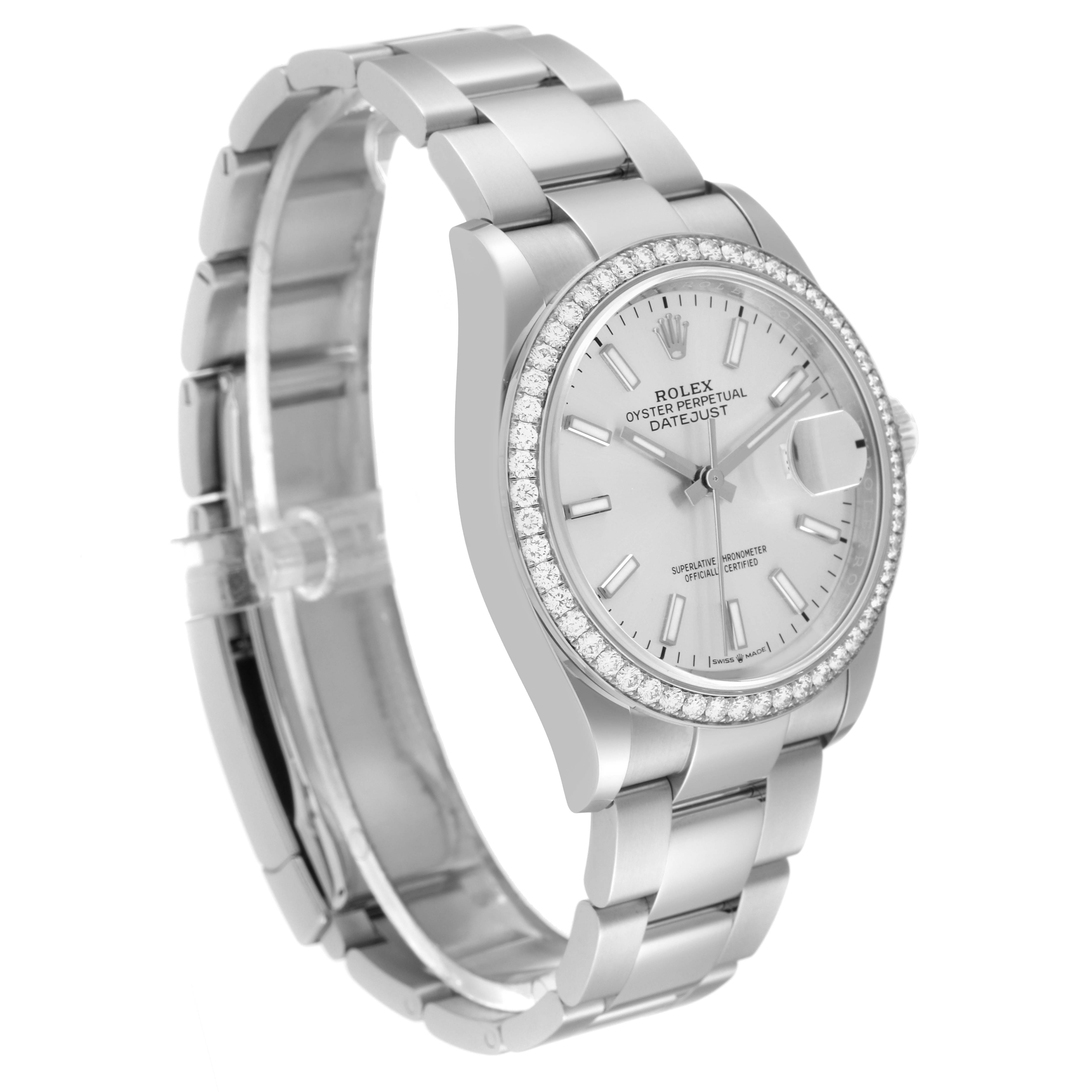 This image shows a Rolex Datejust 126284 Men's Stainless Steel Silver Dial 126284 Men's Stainless Steel Silver Dial wristwatch at a slight angle, highlighting its face, bezel, and bracelet.