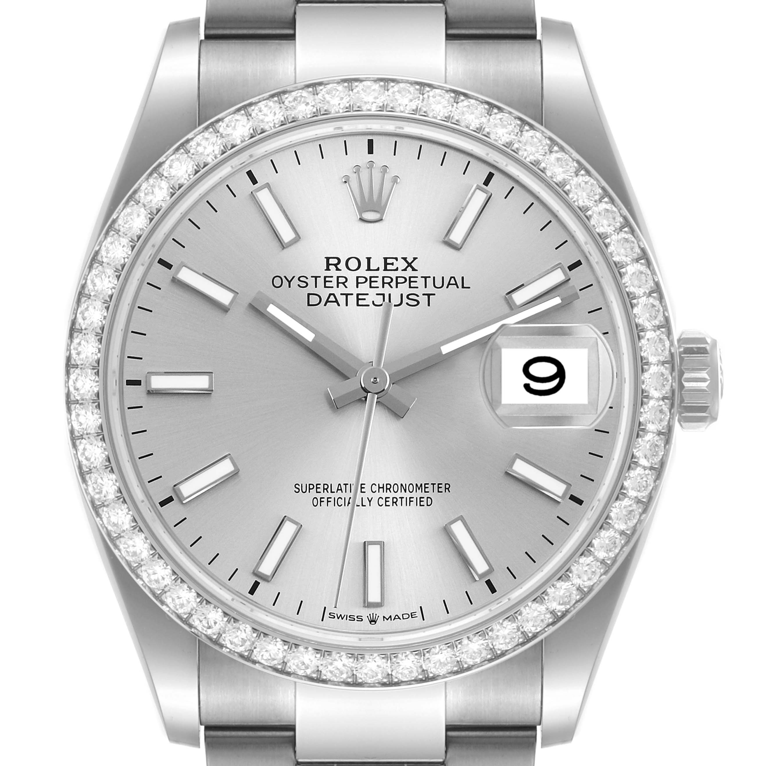 This image displays a front view of a Rolex Datejust 126284 Men's Stainless Steel Silver Dial 126284 Men's Stainless Steel Silver Dial watch, showing the dial, bezel, crown, and part of the bracelet.