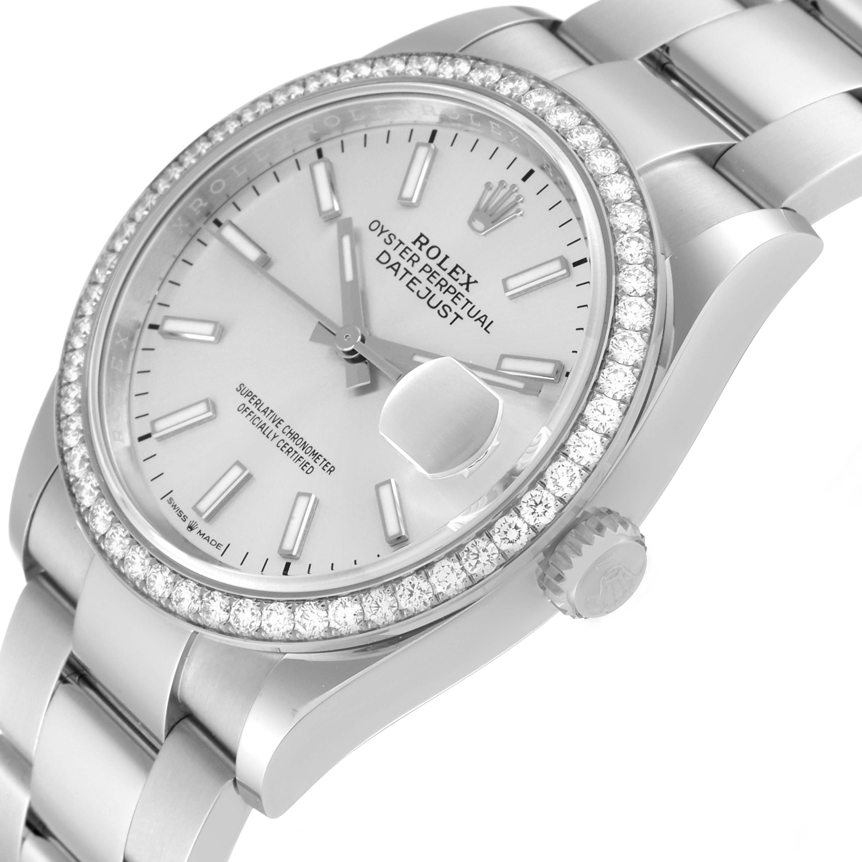 This image showcases the face, bezel, and part of the strap of a Rolex Datejust 126284 Men's Stainless Steel Silver Dial 126284 Men's Stainless Steel Silver Dial watch at an angled view.