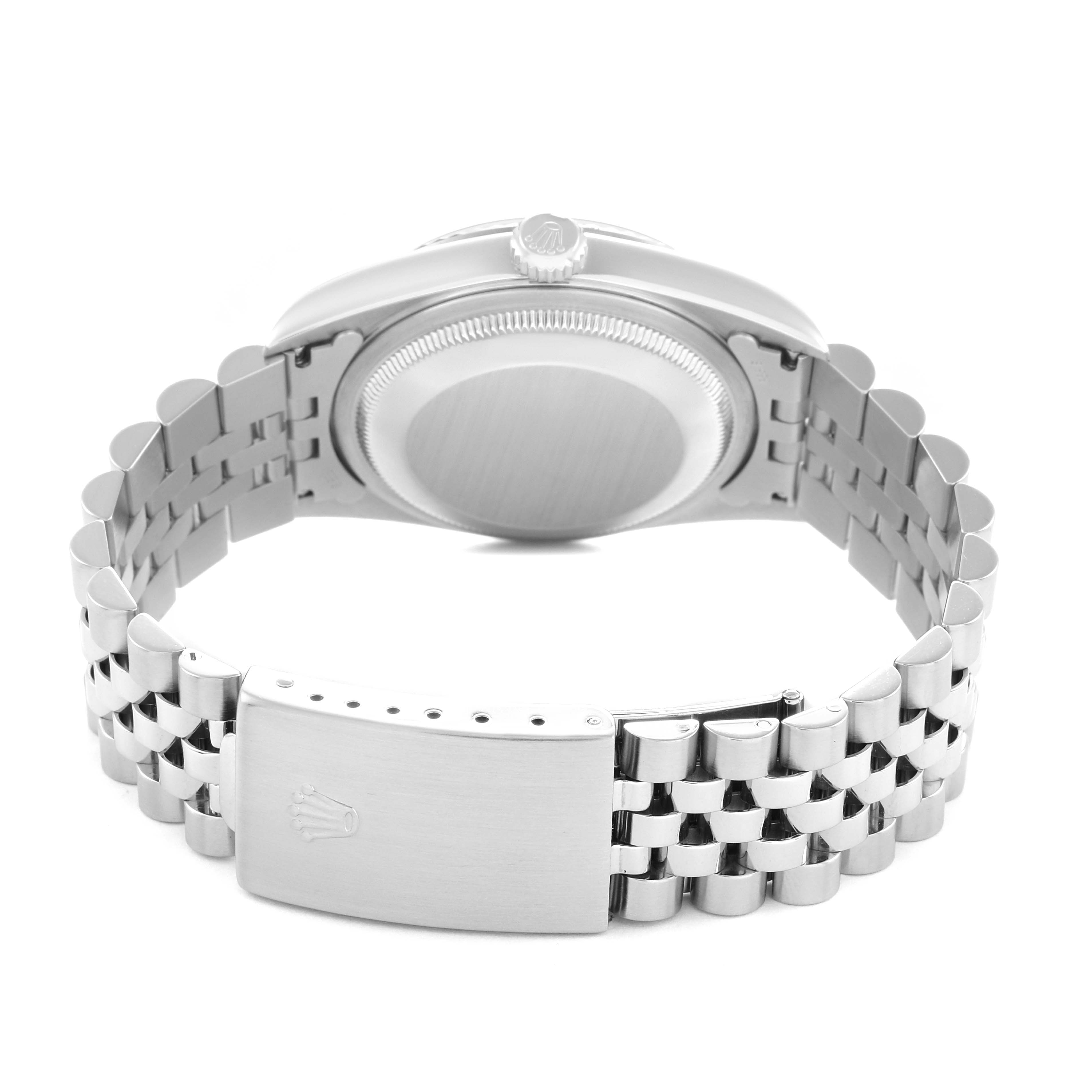 The image shows a rear view of a Rolex Datejust 16234 Men
s Stainless Steel Black Dial watch, highlighting the bracelet, clasp, and case back.