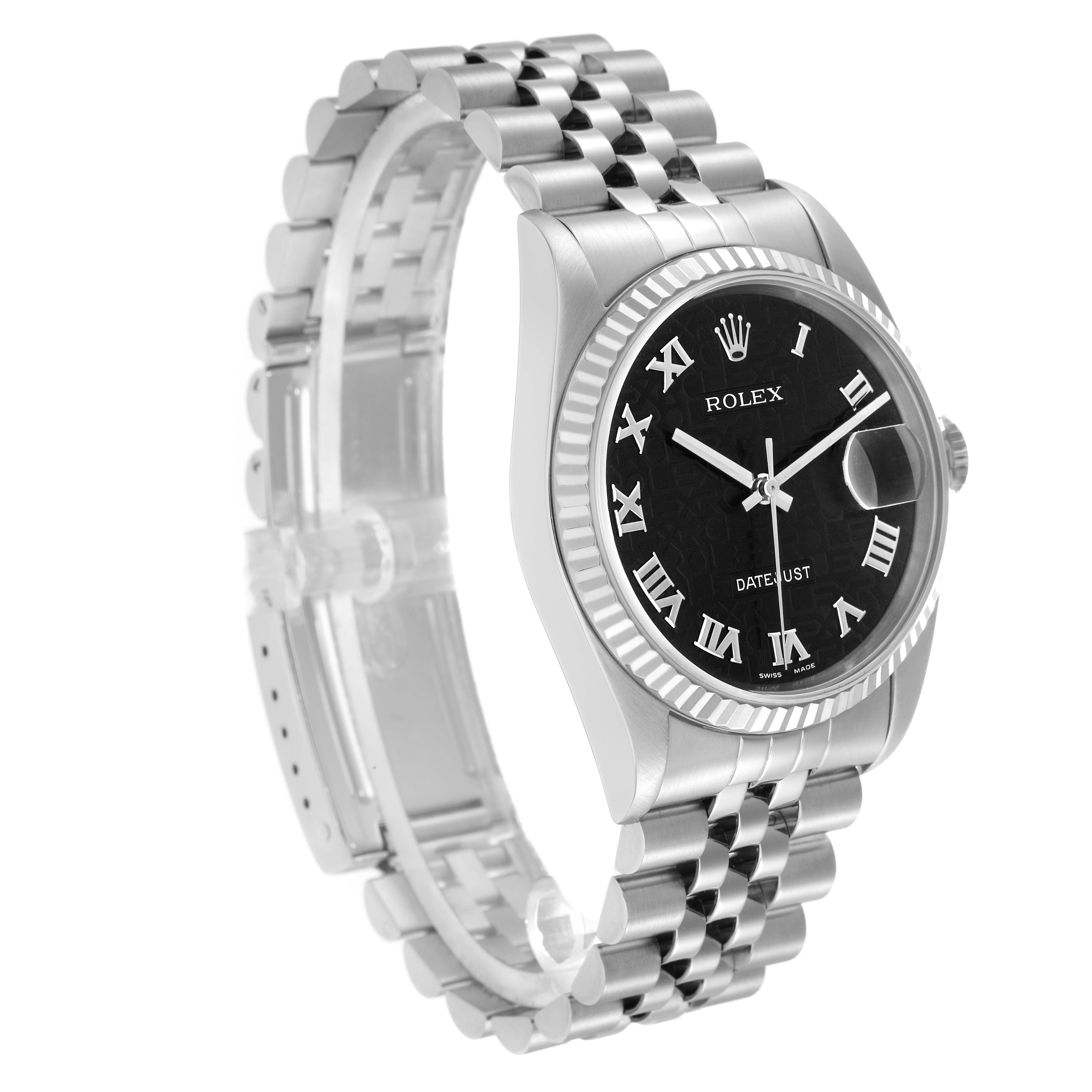 The Rolex Datejust 16234 Men
s Stainless Steel Black Dial watch is shown at a three-quarter angle, highlighting the black dial, fluted bezel, and metal bracelet.