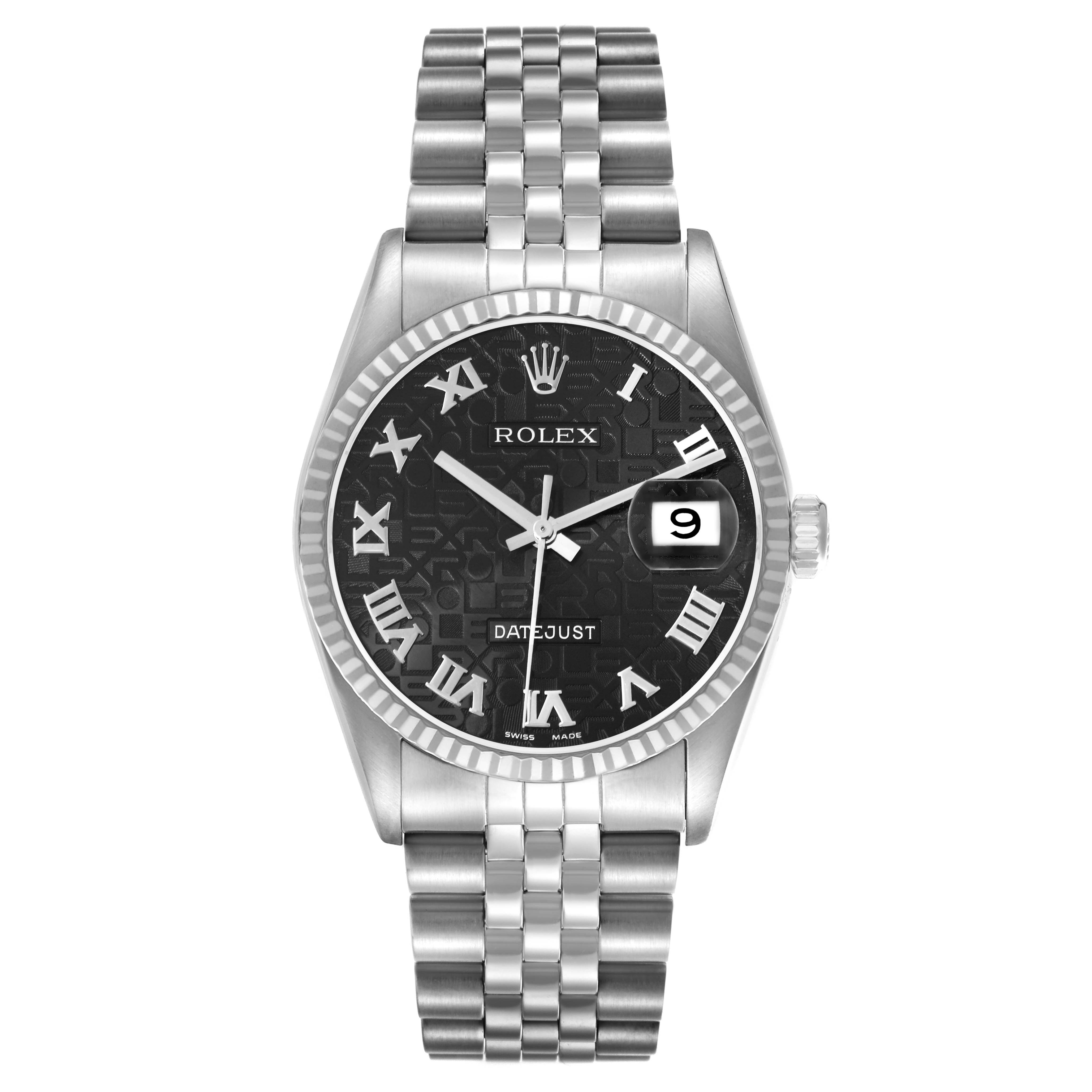 The Rolex Datejust 16234 Men
s Stainless Steel Black Dial watch is shown from the front, displaying the dial, bezel, and bracelet.