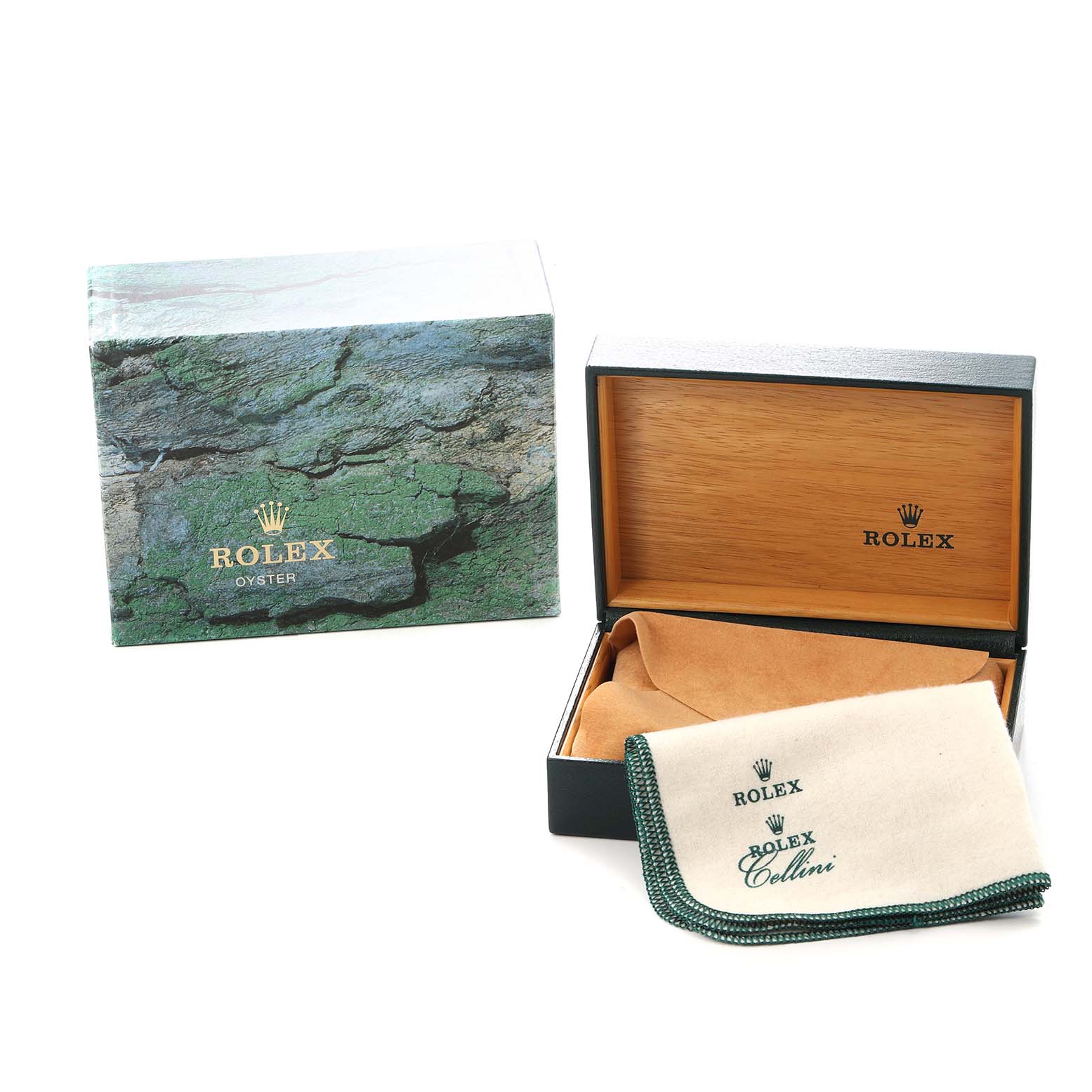 The image shows Rolex Datejust 16234 Men
s Stainless Steel Black Dial packaging, including the outer box, inner box, and a cloth, viewed from a three-quarter angle.