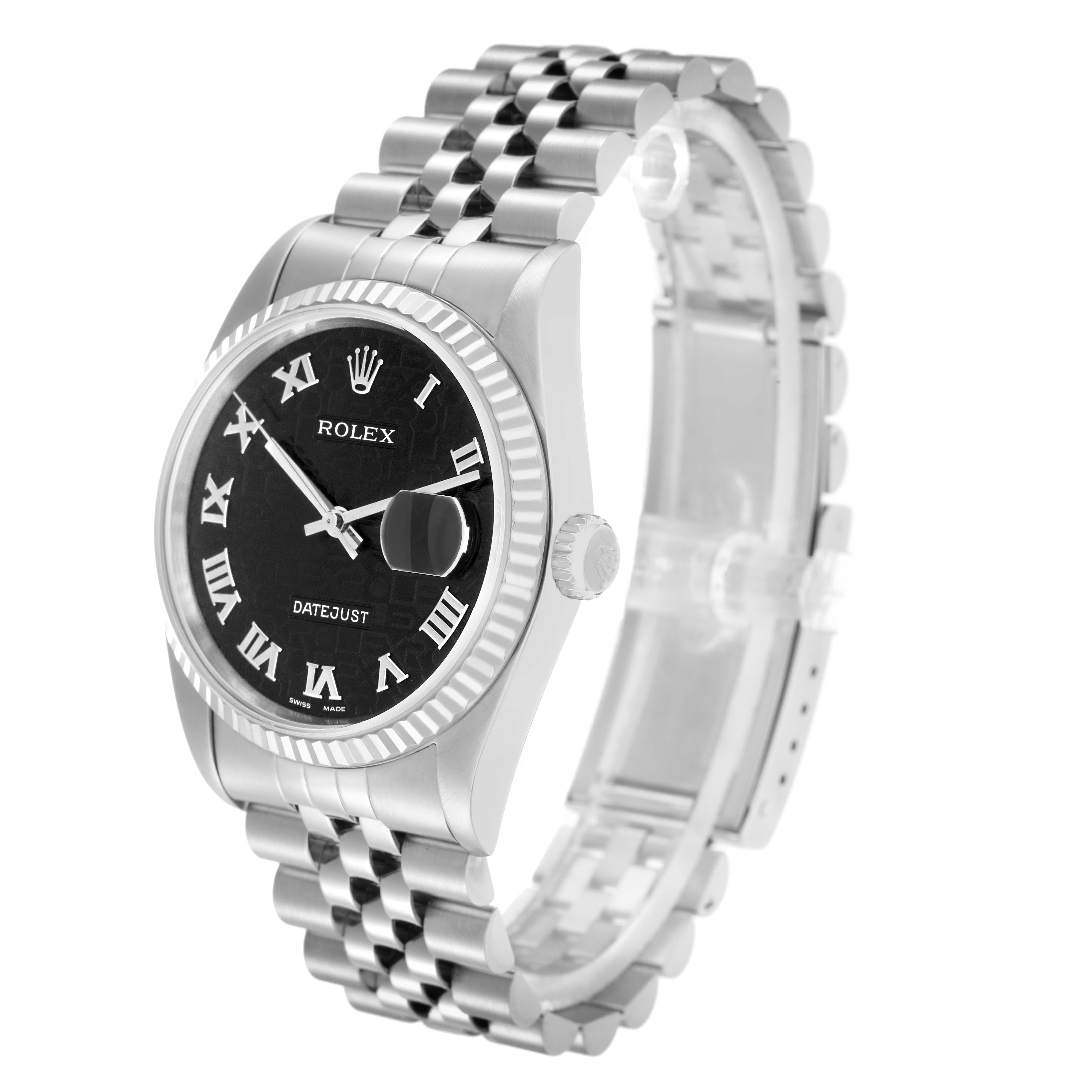 The Rolex Datejust 16234 Men
s Stainless Steel Black Dial watch is shown at a three-quarter angle, displaying the dial, bezel, crown, and Jubilee bracelet.