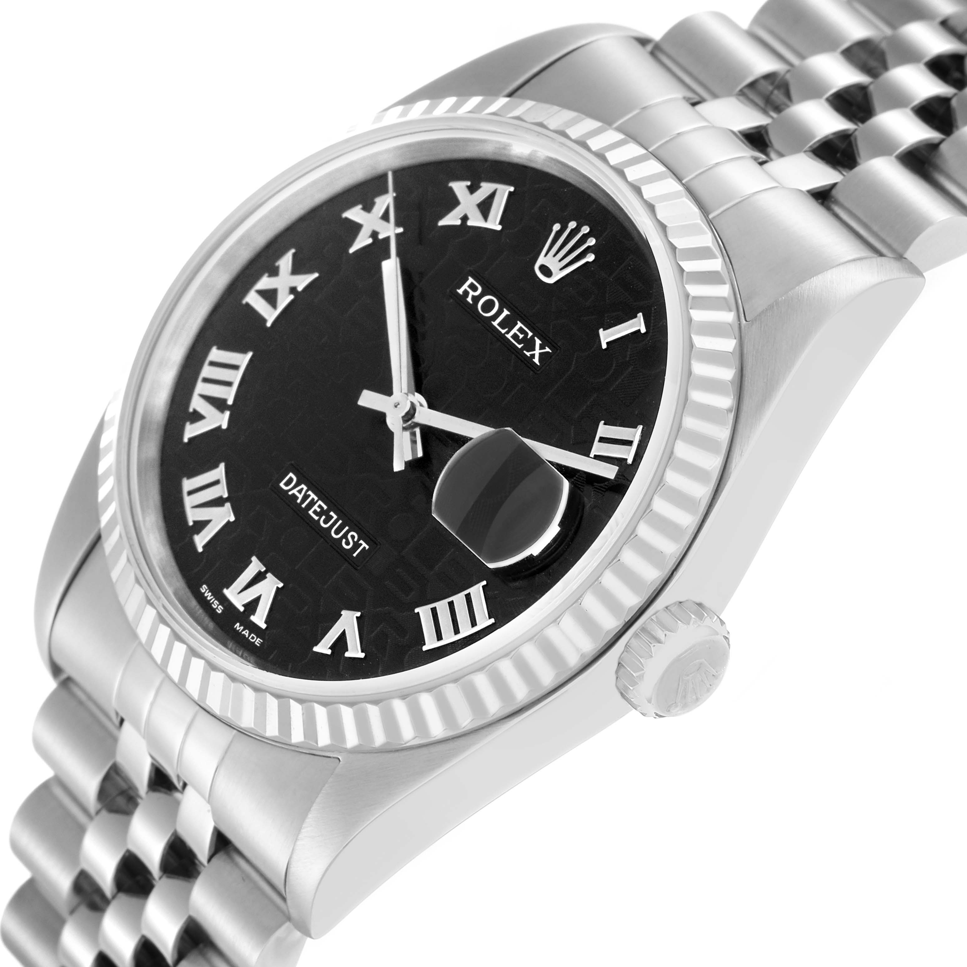 The Rolex Datejust 16234 Men
s Stainless Steel Black Dial watch is shown at a slight angle, highlighting its face, bezel, crown, and part of the bracelet.