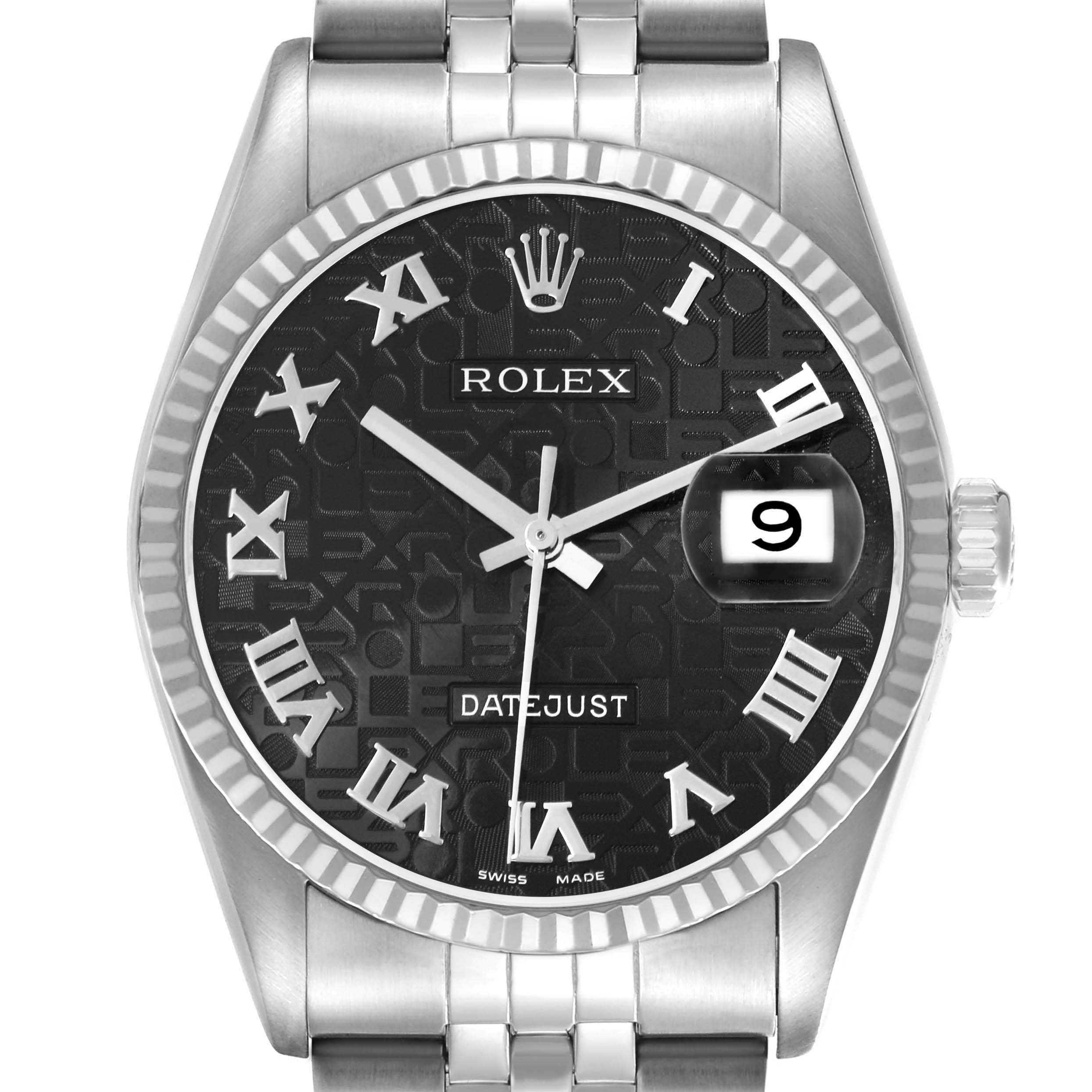 The Rolex Datejust 16234 Men
s Stainless Steel Black Dial watch is shown from a front angle, displaying the dial, bezel, and part of the bracelet.