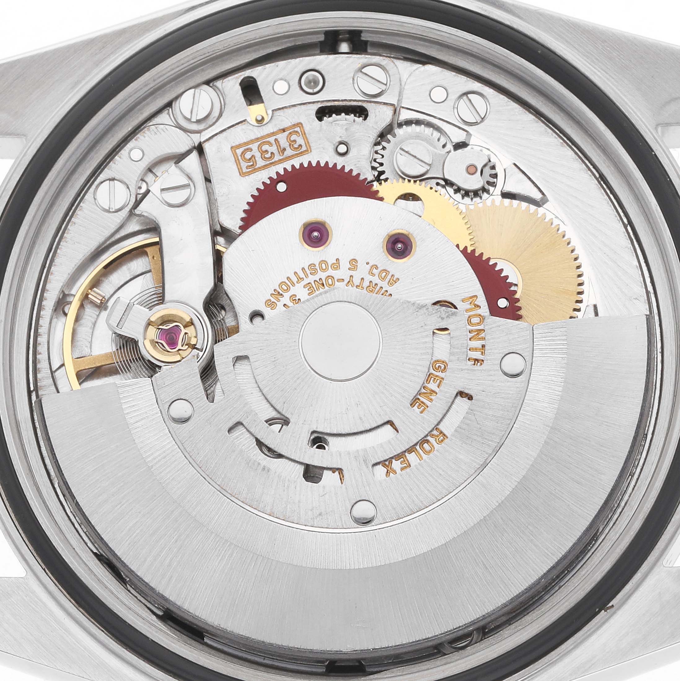 The image shows the movement of a Rolex Datejust 16234 Men
s Stainless Steel Black Dial watch from a top-down angle, highlighting gears and intricate mechanisms.