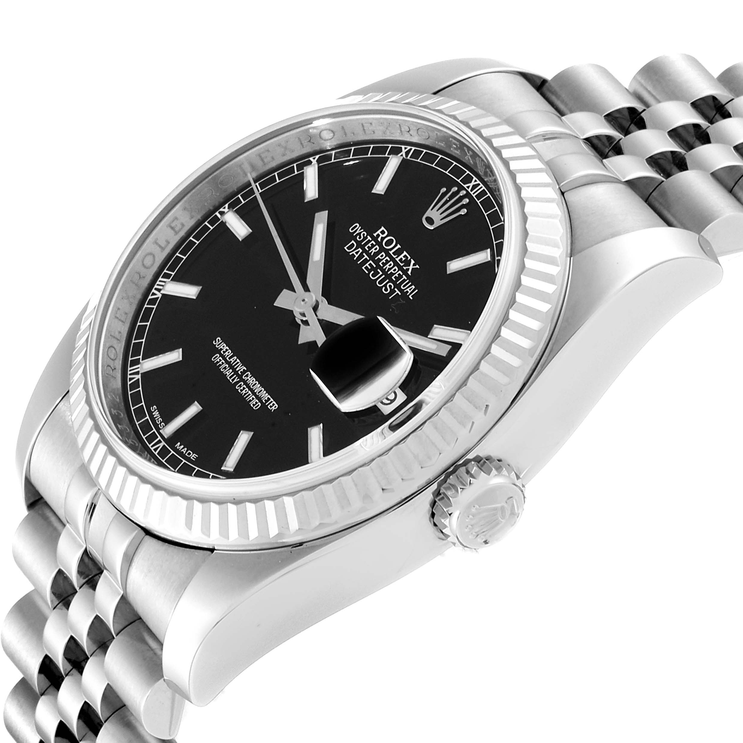 This image shows a side-angle view of the Rolex Datejust 116234 Men's Stainless Steel Black Dial 116234 Men's Stainless Steel Black Dial watch, featuring the face, bezel, crown, and bracelet.