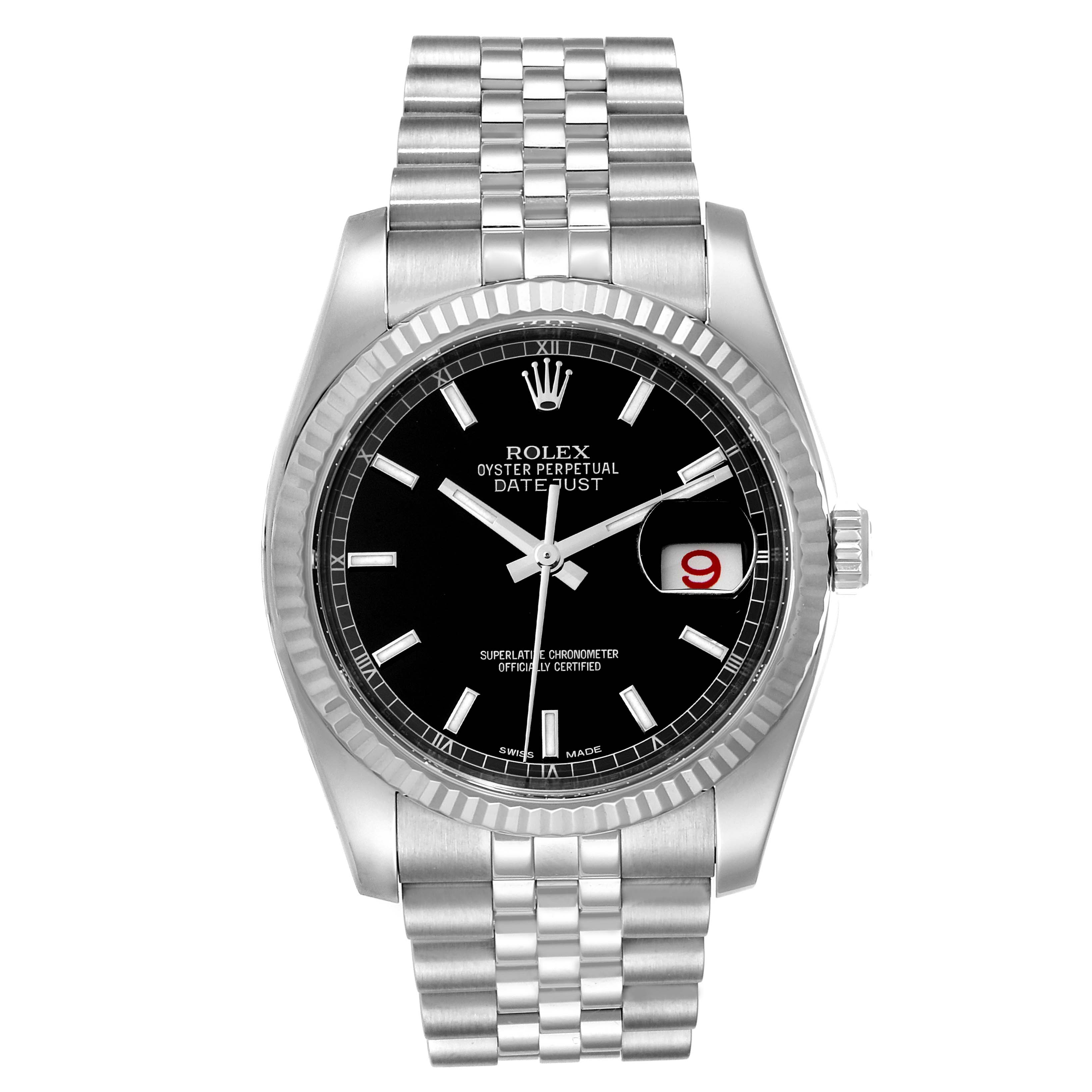 This image shows a Rolex Datejust 116234 Men's Stainless Steel Black Dial 116234 Men's Stainless Steel Black Dial watch from the front, displaying the dial, bezel, crown, and bracelet.